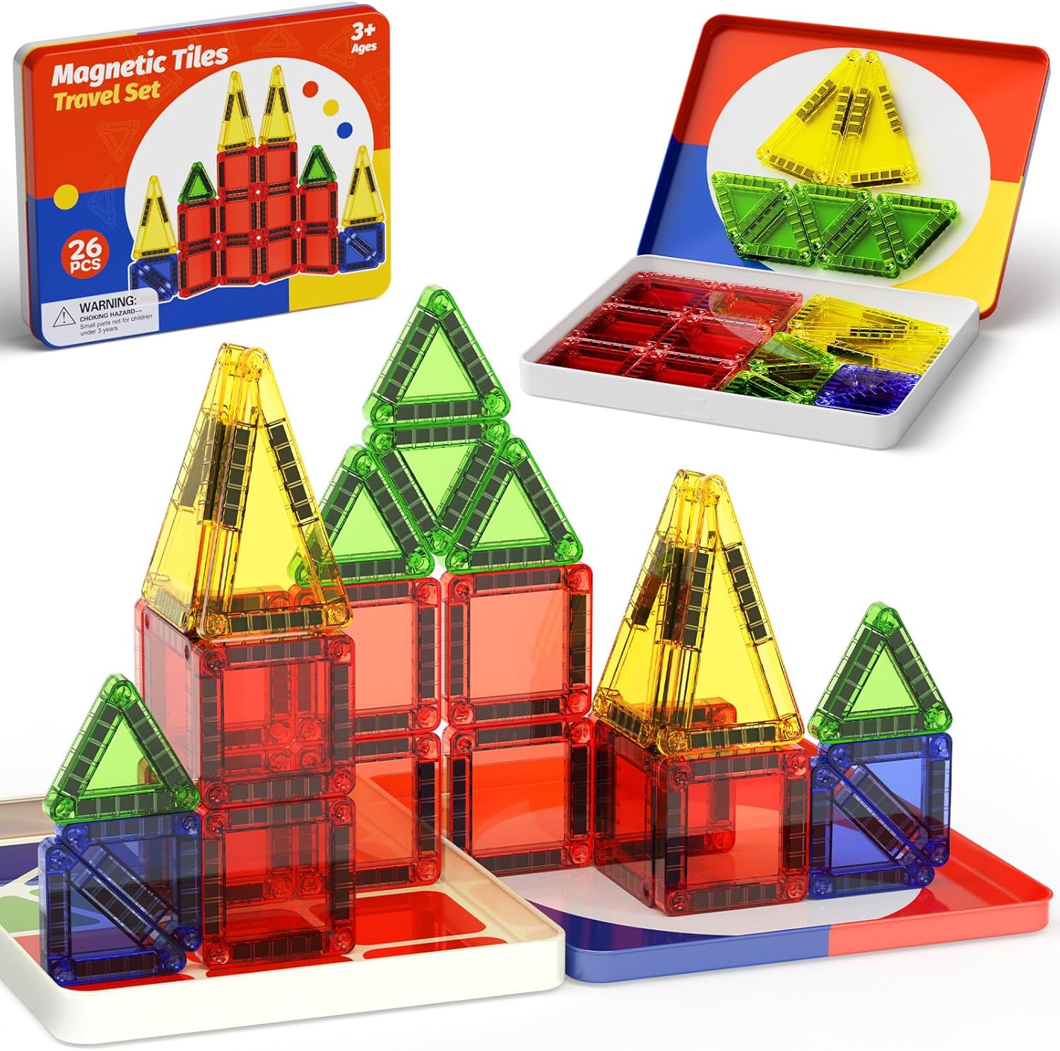 WMXDU Mini Magnetic Tiles with Iron Case, Magnetic Building Toys Kid’s Travel Essential Portable Creativity On-The-Go Magnet Blocks STEM Travel Toys for Toddler Boys Girls Ages 3+, 26-Piece