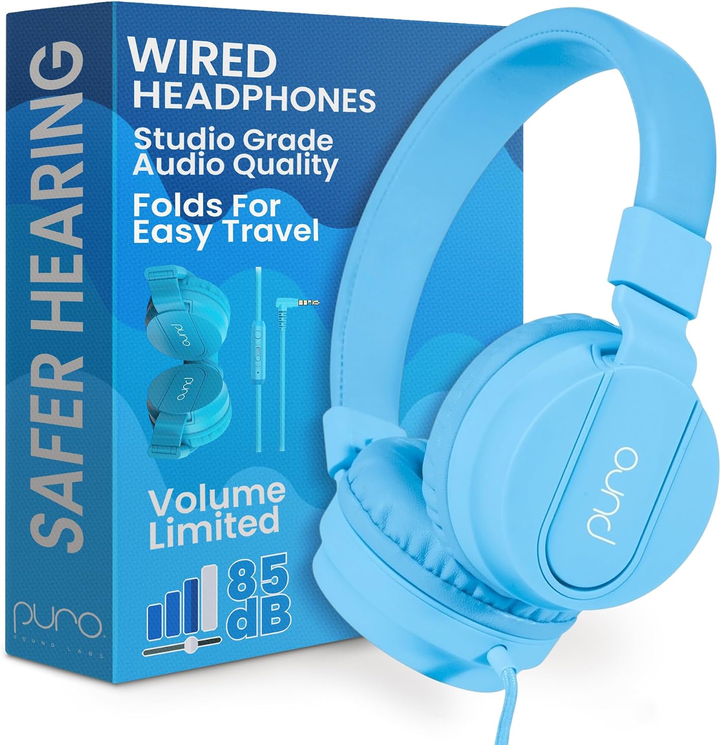 Puro Sound Labs Kids Wired Headphones – Volume-Limiting & Adjustable, Safer & Comfortable Headphones for Kids – Compatible with PCs, Smartphones & Tablets, Ideal for School & Travel – PuroBasic, Blue