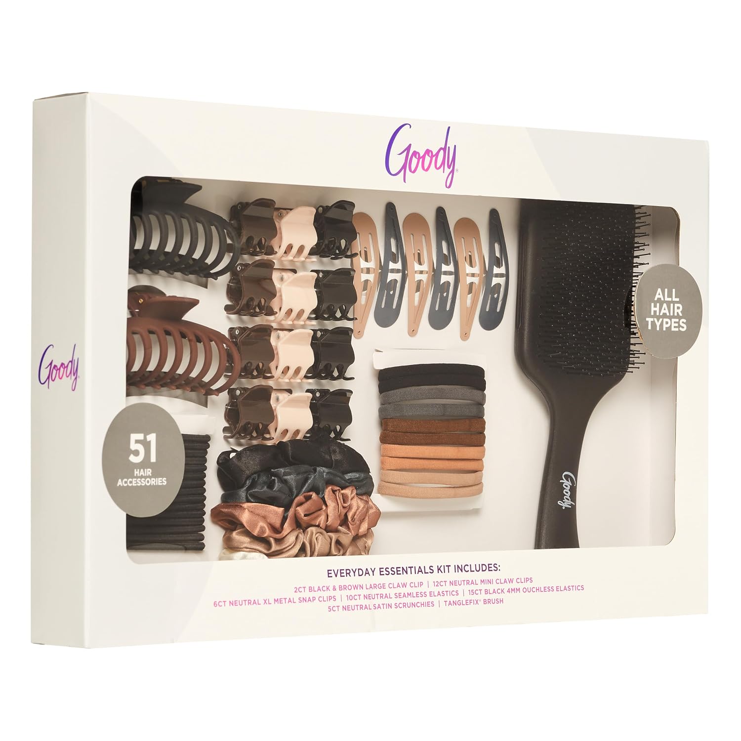 Goody Hair Accessories Kit, Everyday Essentials for Women – 51 PC Neutral Color Set for All Types – Ouchless Damage-Free Ties, SlideProof Claw Clips, Snap Clips, Scrunchies, Tanglefix Brush
