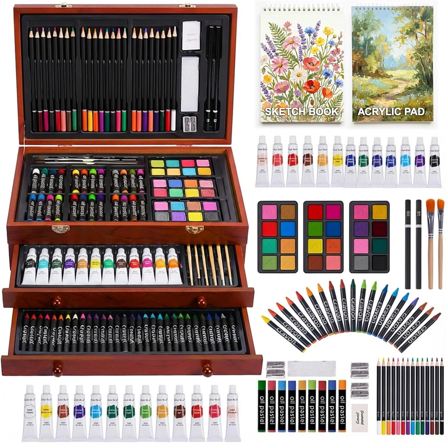 TMOL Art Supplies, 175-Pack Deluxe Art Set Drawing Painting Kit with 2 Drawing Pads, Acrylic Paints, Colored Pencils, Crayons, Art Kit in Wooden Case, Gift for Artist, Adults, Teens and Kids