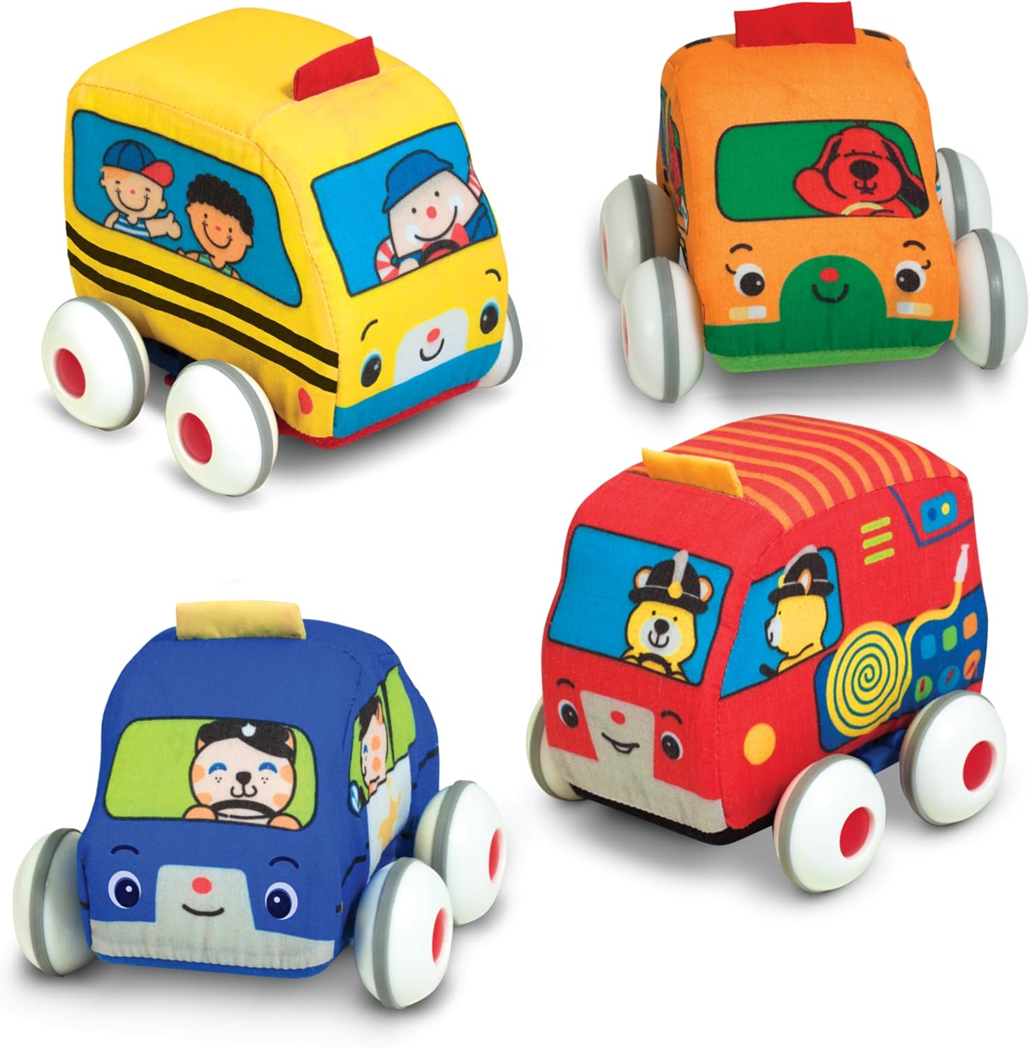 Melissa & Doug K’s Kids Pull-Back Town Vehicle Set – Baby Toys Set with 4 Soft Toy Cars and Trucks, Surface Washable with Removable Wheels, Learning Toys for Babies and Toddlers