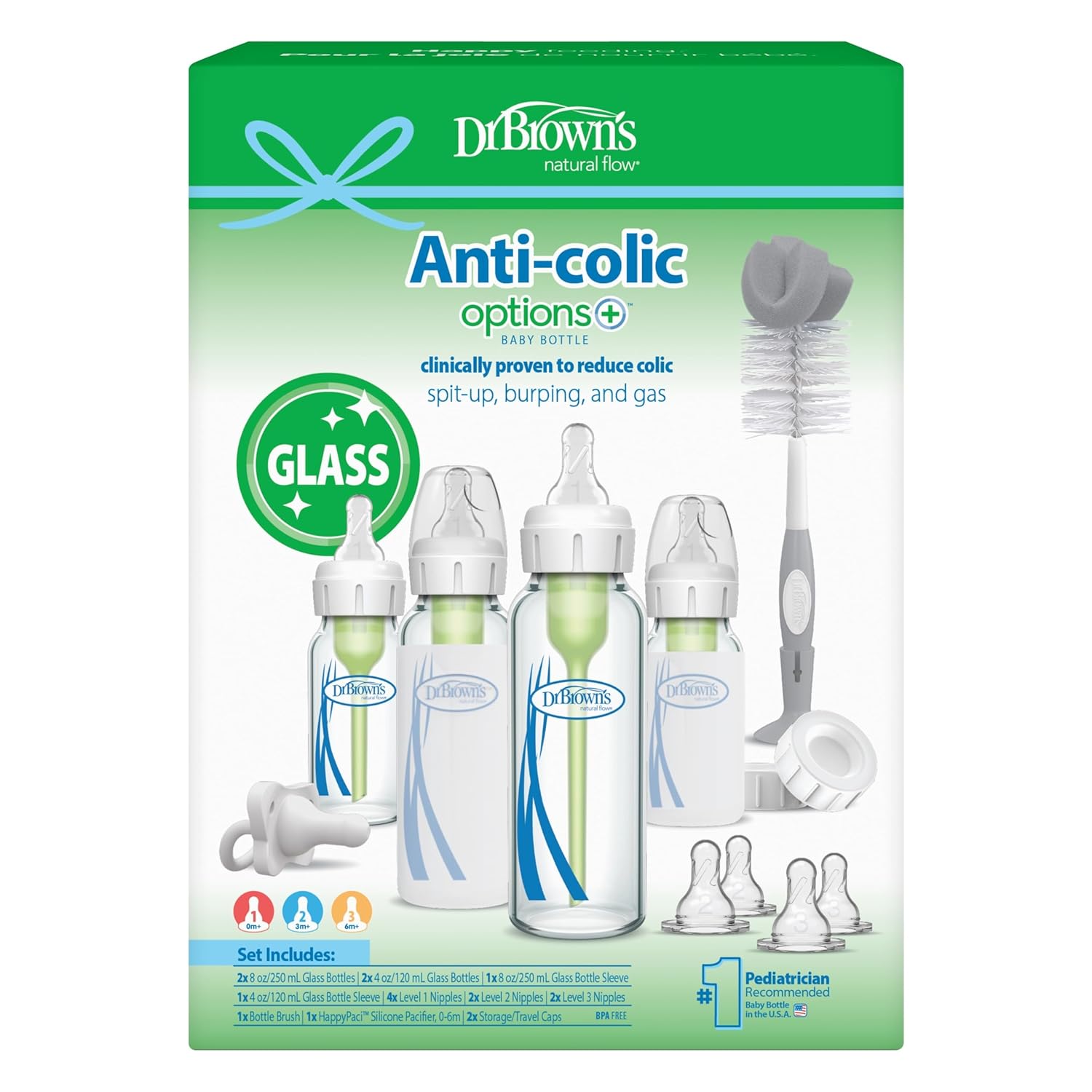 Dr. Brown’s Anti-Colic Options+ Narrow Glass Baby Bottle Starter Set with Level 1, 2, and 3 Nipples, Silicone Sleeves, Soft-Touch Brush, Travel Caps, and HappyPaci, 0m+ (Packaging May Vary)
