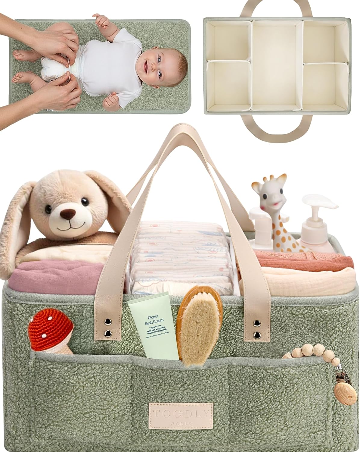 Baby Diaper Caddy Organizer with Portable Changing Mat – Teddy Fleece Diaper Organizer for Changing Table – Basket for Changing Essentials – Baby Essentials Organizer with Removable Dividers