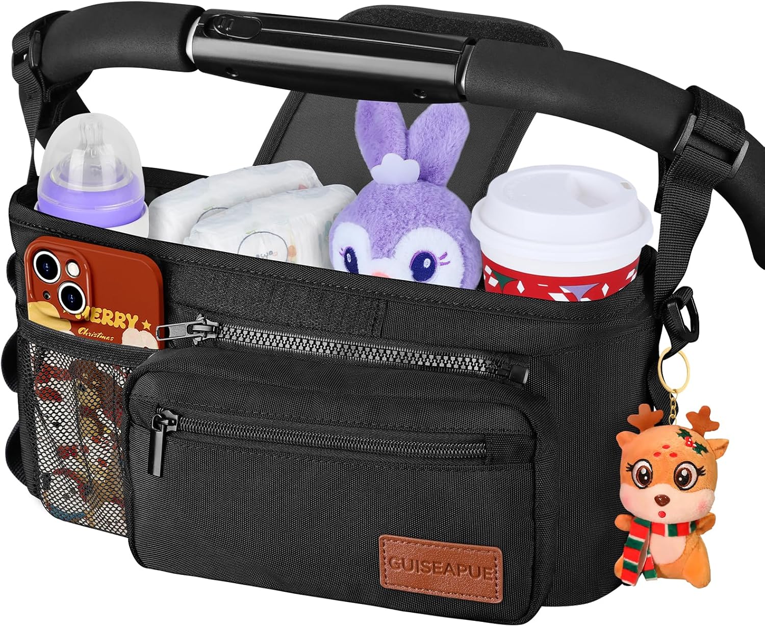 Guiseapue Universal Stroller Organizer with Cup Holder: Baby Essentials, Stroller Caddy Accessories with Detachable Phone Bag, Non-Slip Straps, Fits for Uppababy, Baby Jogger, New Moms Baby Gifts