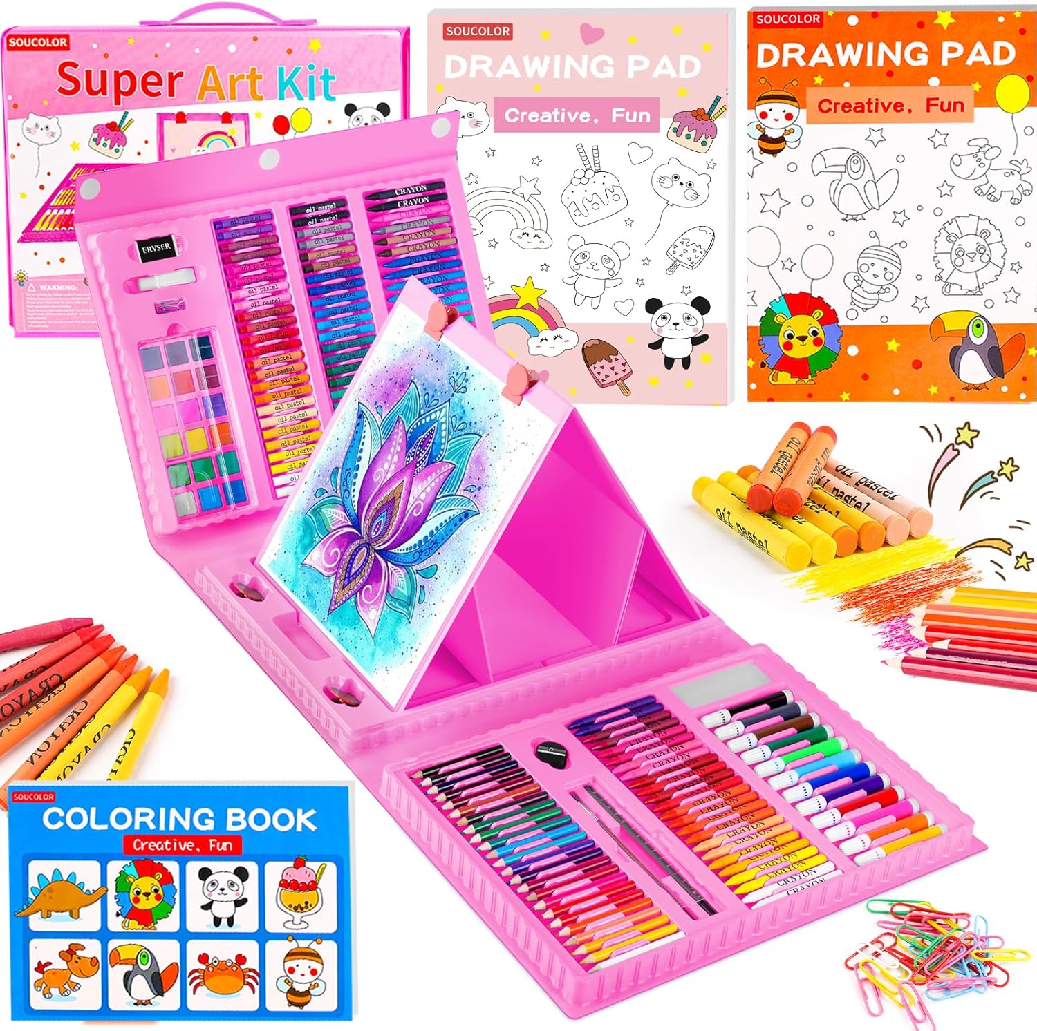 Soucolor Art Supplies, 283 Pieces Drawing Set Art Kits with Trifold Art Easel, 2 Drawing Pads, 1 Coloring Book, Crayons, Pastels, Arts Gifts Case, Coloring Set
