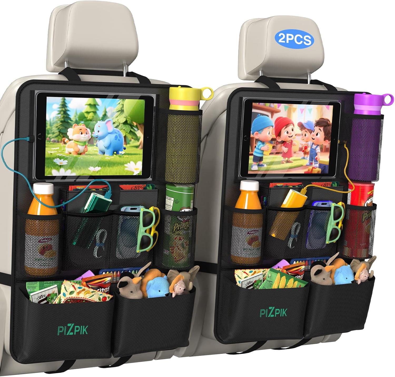 Plzpik Car Backseat Organizer with Tablet Holder,11 Storage Pockets with Foldable Food Tray, Protector Kick Mats for Kids, Travel Accessories Organizer (Black, 2-Pack)
