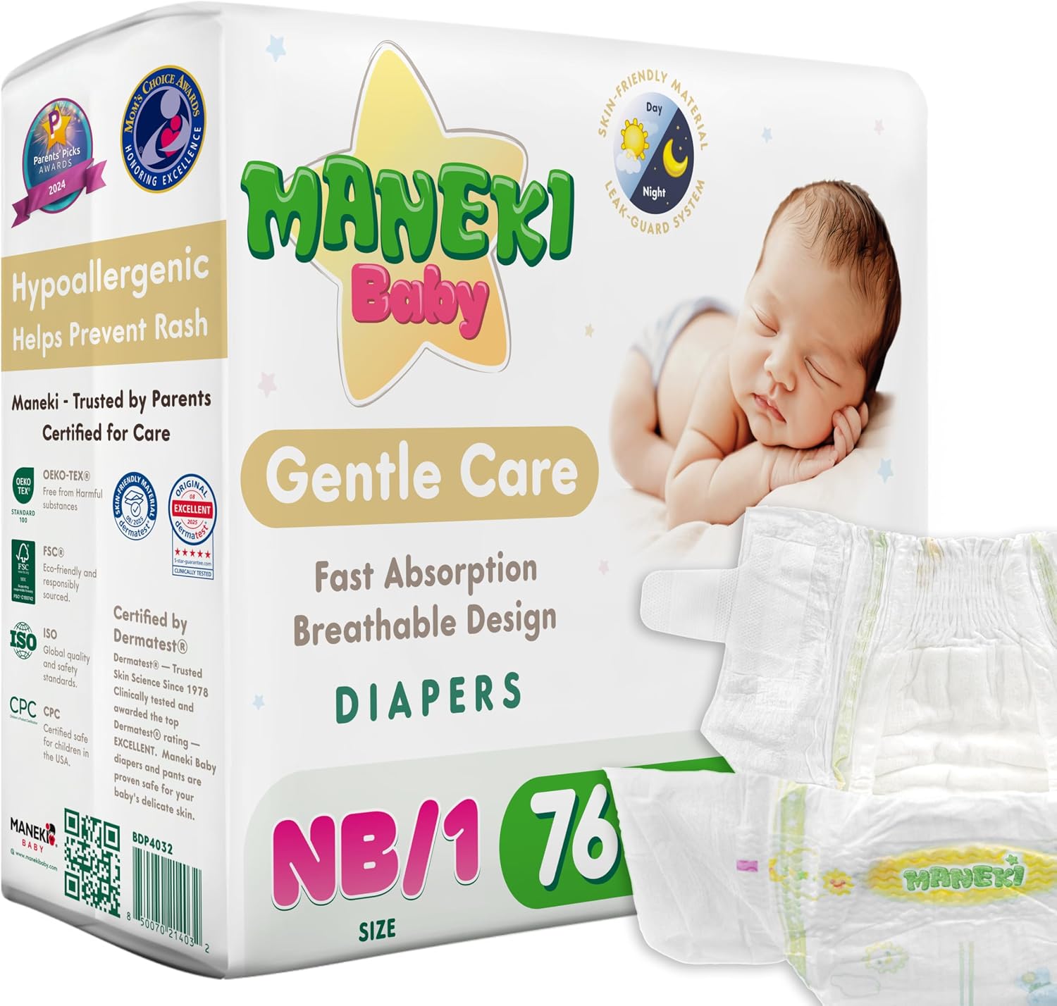 MANEKI Newborn Diapers, Highly Absorbent & Breathable Baby Diapers, Size Newborn (up to 11 lbs), 76 Count, Hypoallergenic & Fragrance-Free, Day & Night Protection for Sensitive Skin, Pack May Vary