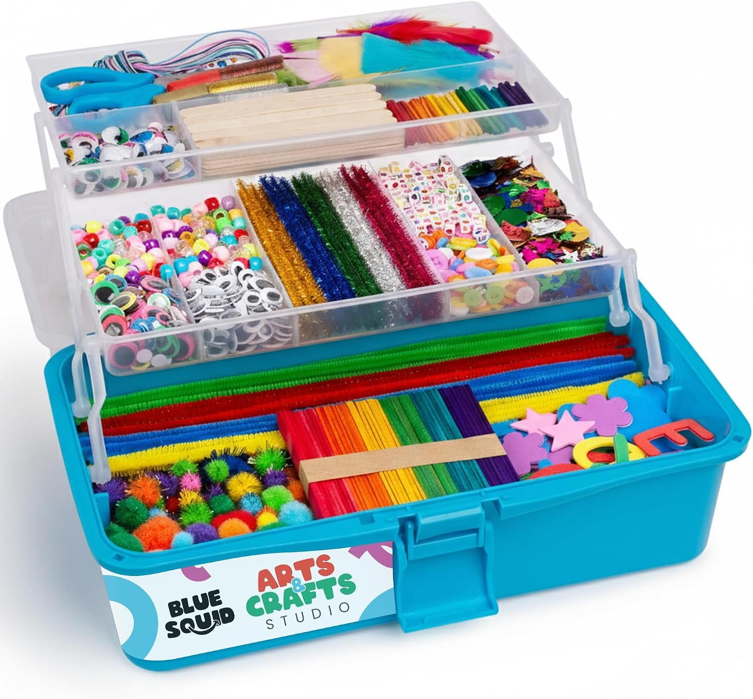 Blue Squid Arts & Crafts Box (Blue)- 2800+ pcs Deluxe Craft Supplies Box, 2 Drawers, 18 Compartments, Sturdy Handle – Art Crafting Kit Birthday Gifts for Kids, School Supply for Ages 4-12