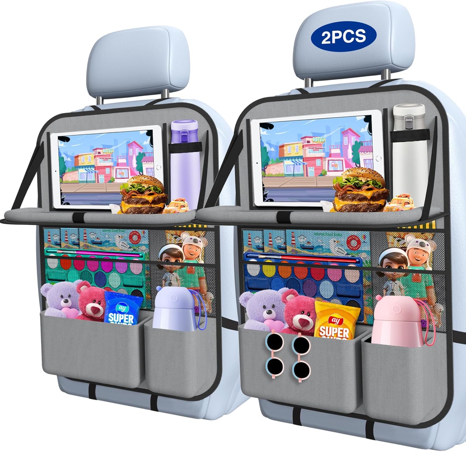 2PACK-Car Backseat Organizer with Touch Screen Tablet Holder,9 Storage Pockets Storage Organizer with Foldable Food Tray, Protector Kick Mats for Kids, Travel Accessories Organizer (Grey)