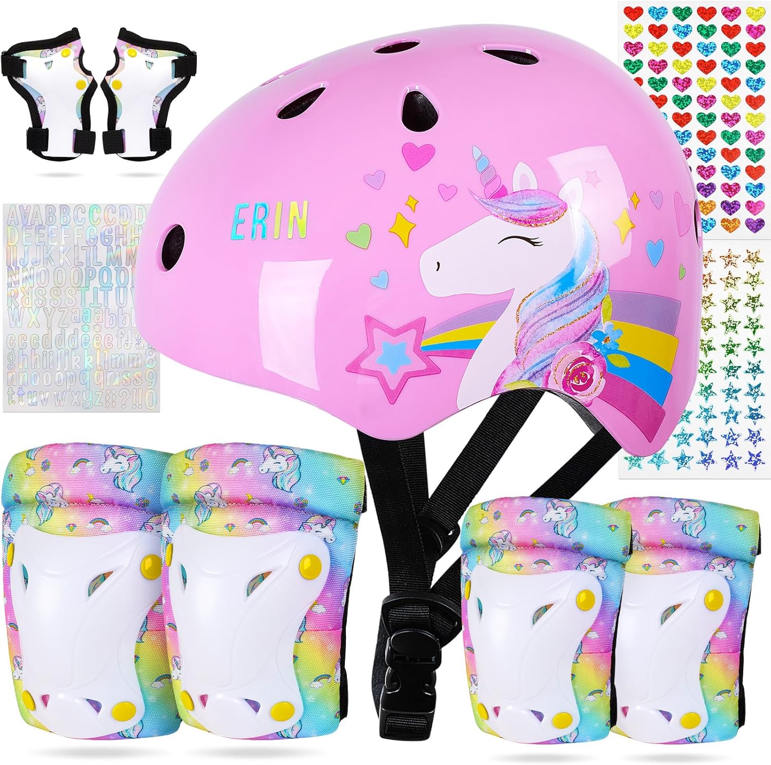 FIODAY Kids Bike Helmet, Toddler Helmet Knee and Elbow Pads Wrist Guards Adjustable Protective Gear Set with DIY Sticker for Girls 3-5-8 Years for Skateboard Inline Skating Scooter