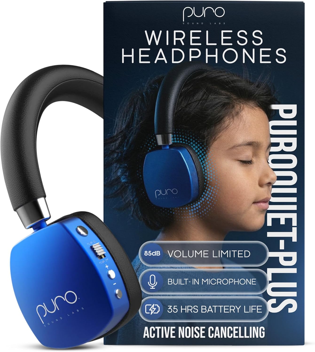Puro Sound Labs Noise Cancelling Headphones for Kids – 85 dB Volume Limit, Built in Mic, 35-Hour Battery, Lightweight On Ear Design & Comfy Fit, Bluetooth Headphones for Kids – PuroQuiet Plus, Blue