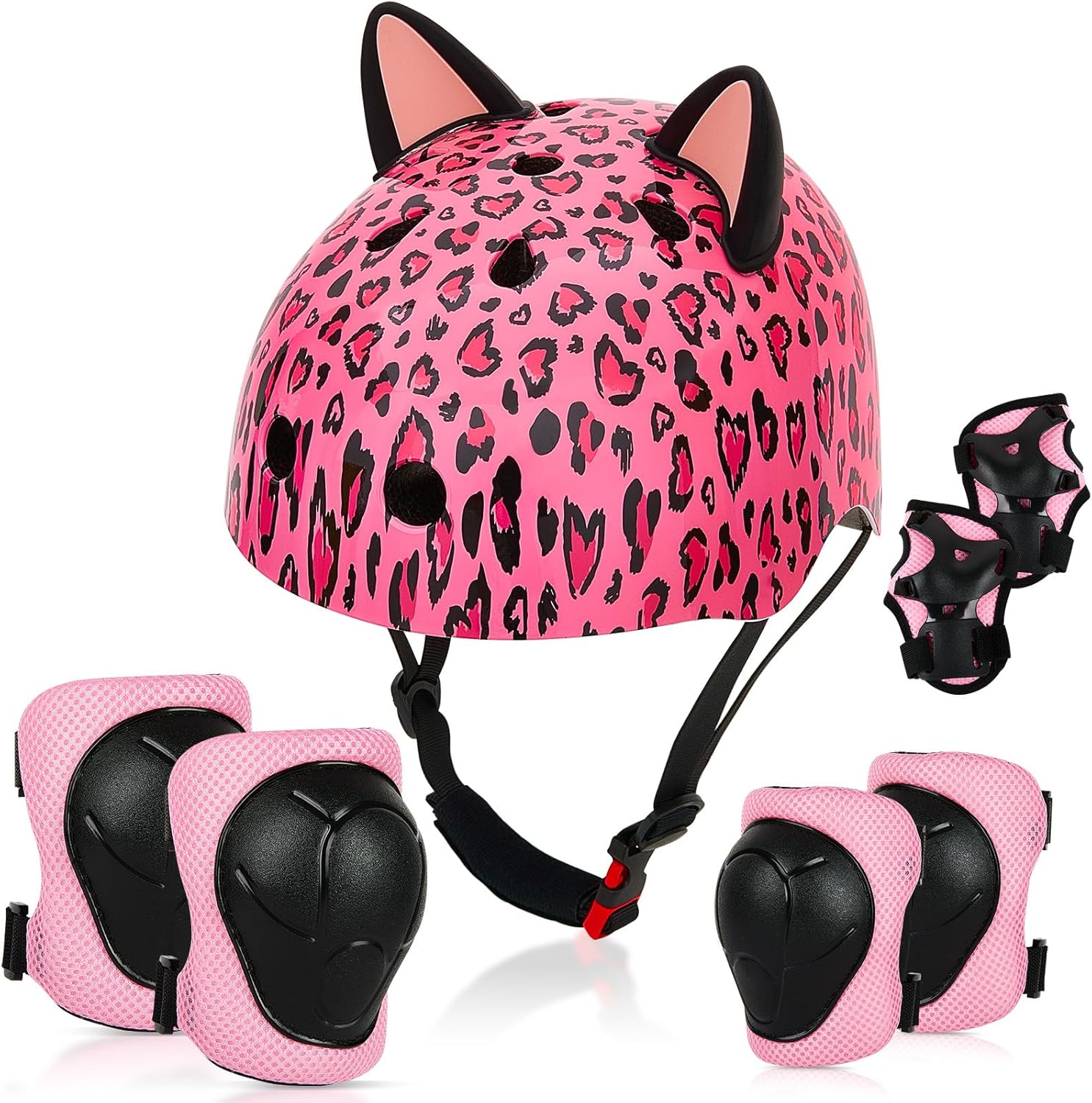 Kids Helmet, Bike Helmets for Kids 3-8-14 with Knee Pads and Elbow Pads Wrist Guards, Adjustable Youth Girls Bike Helmet with DIY Cat Ears Skateboard Helmet for Scooter Skating Cycling