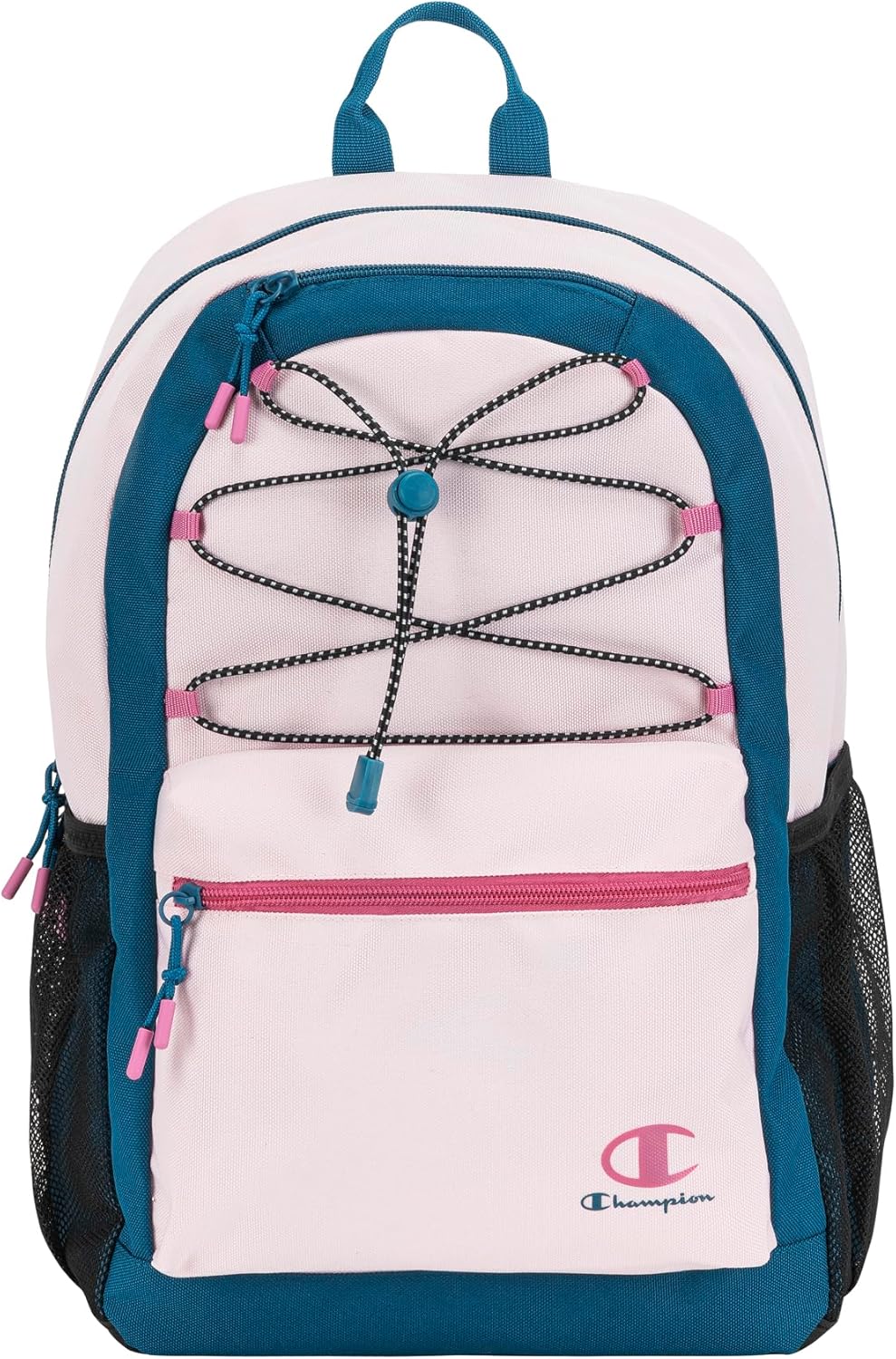 Champion Kids’ Bungee Backpack with Padded Straps, Water Bottle Pocket, Carry Handle for Daily Use, Pink/Blue, One Size