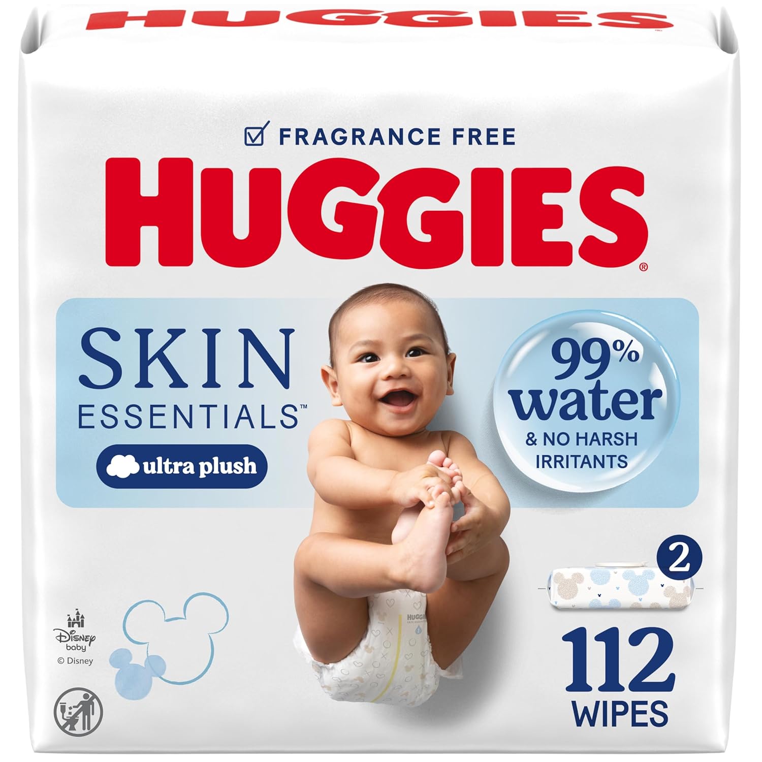 Huggies Skin Essentials Baby Wipes, Hypoallergenic, 99% Water, 2 Flip Top Packs (112 Wipes Total)