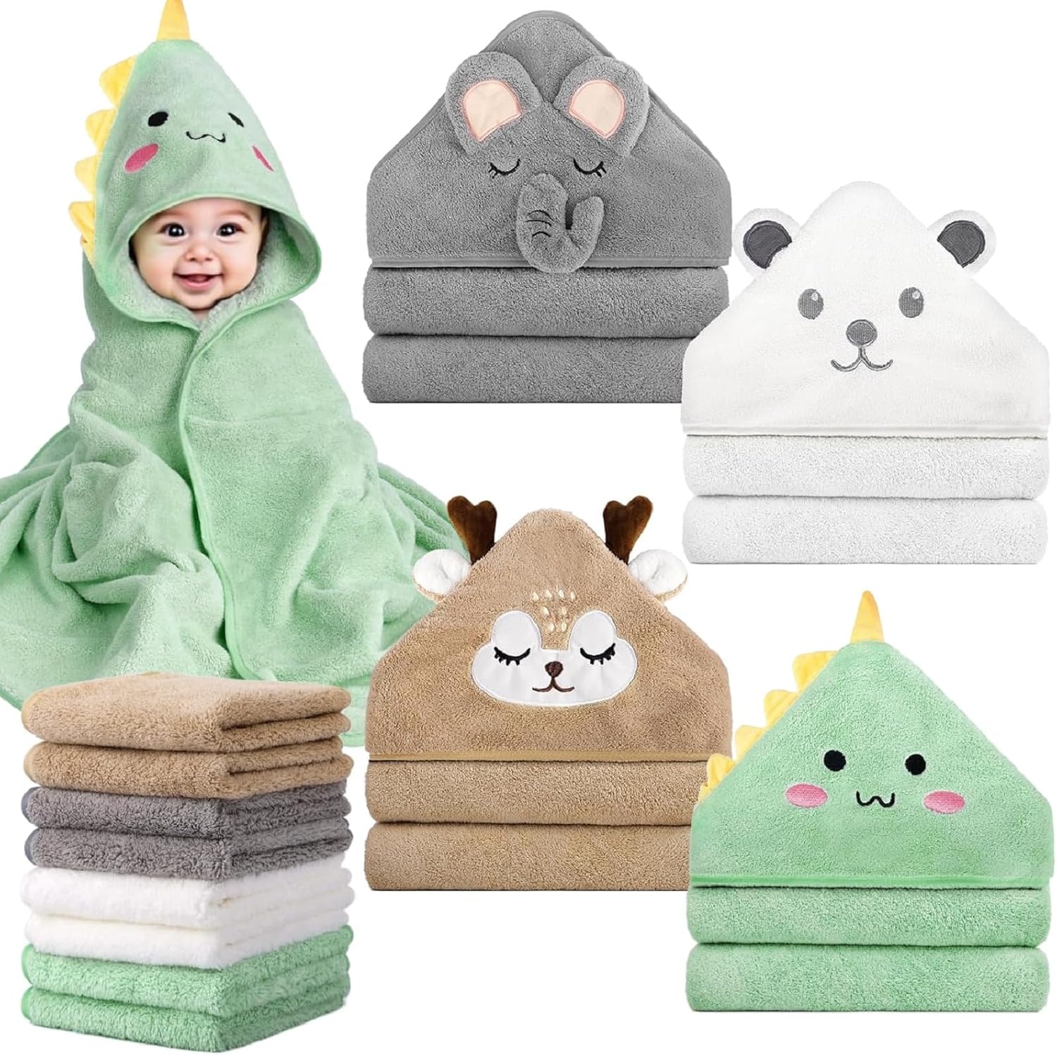 12 PCS Baby Bath Towels Set for Infants Toddlers, 4 PCS Animal Hooded Baby Towels & 8 PCS Washcloths Set, Ultra Absorbent Cute Soft Newborn Bath Essentials Gifts for Boys & Girls