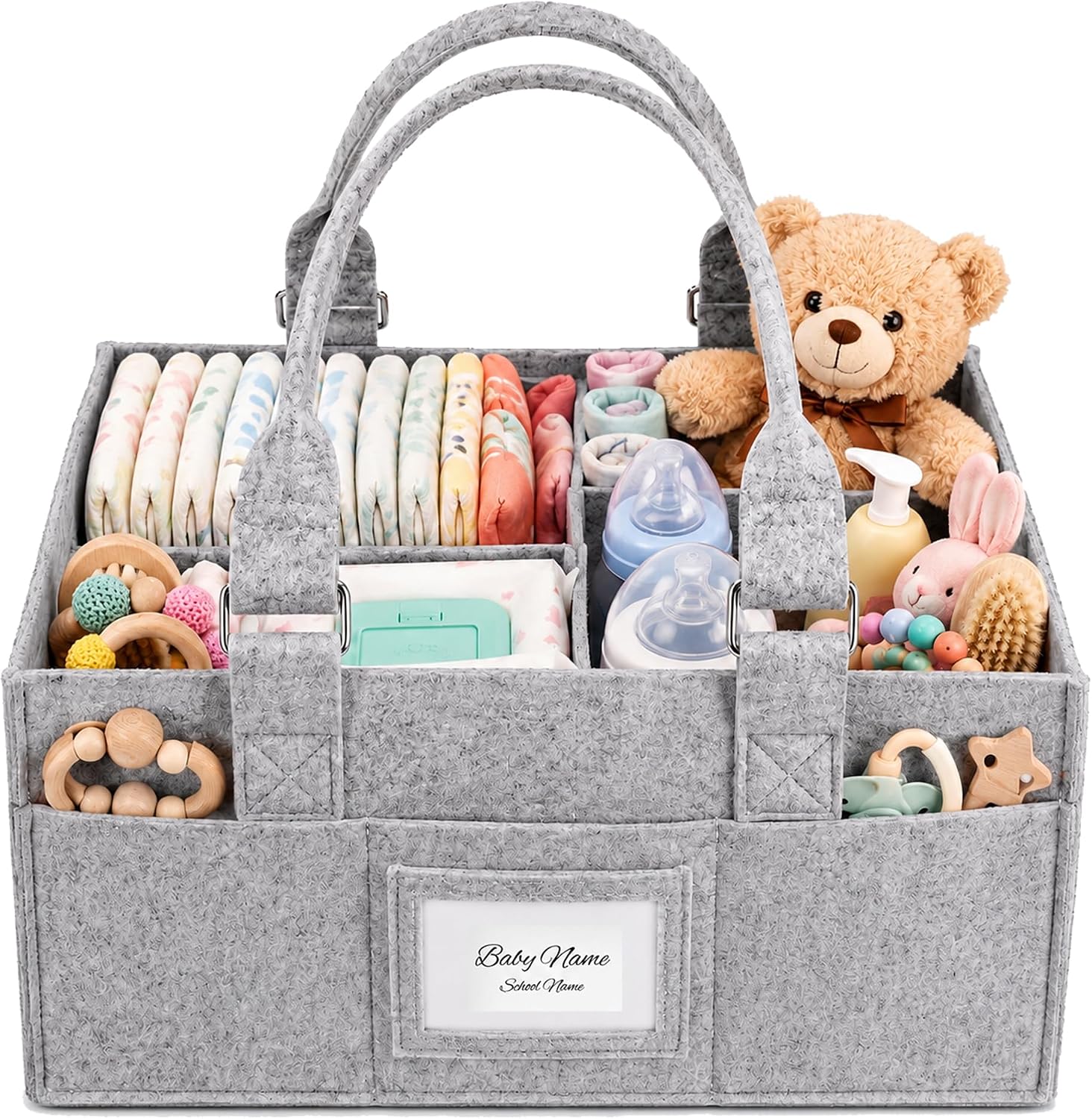 Diaper Caddy Organizer, Newborn Essetials Must Haves, Baby Registry Search and Other Baby Stuff, Collapsible Baby Basket with Handle and a Photo Frame, Grey, 11.8 x 6.3 x 9.0 inch