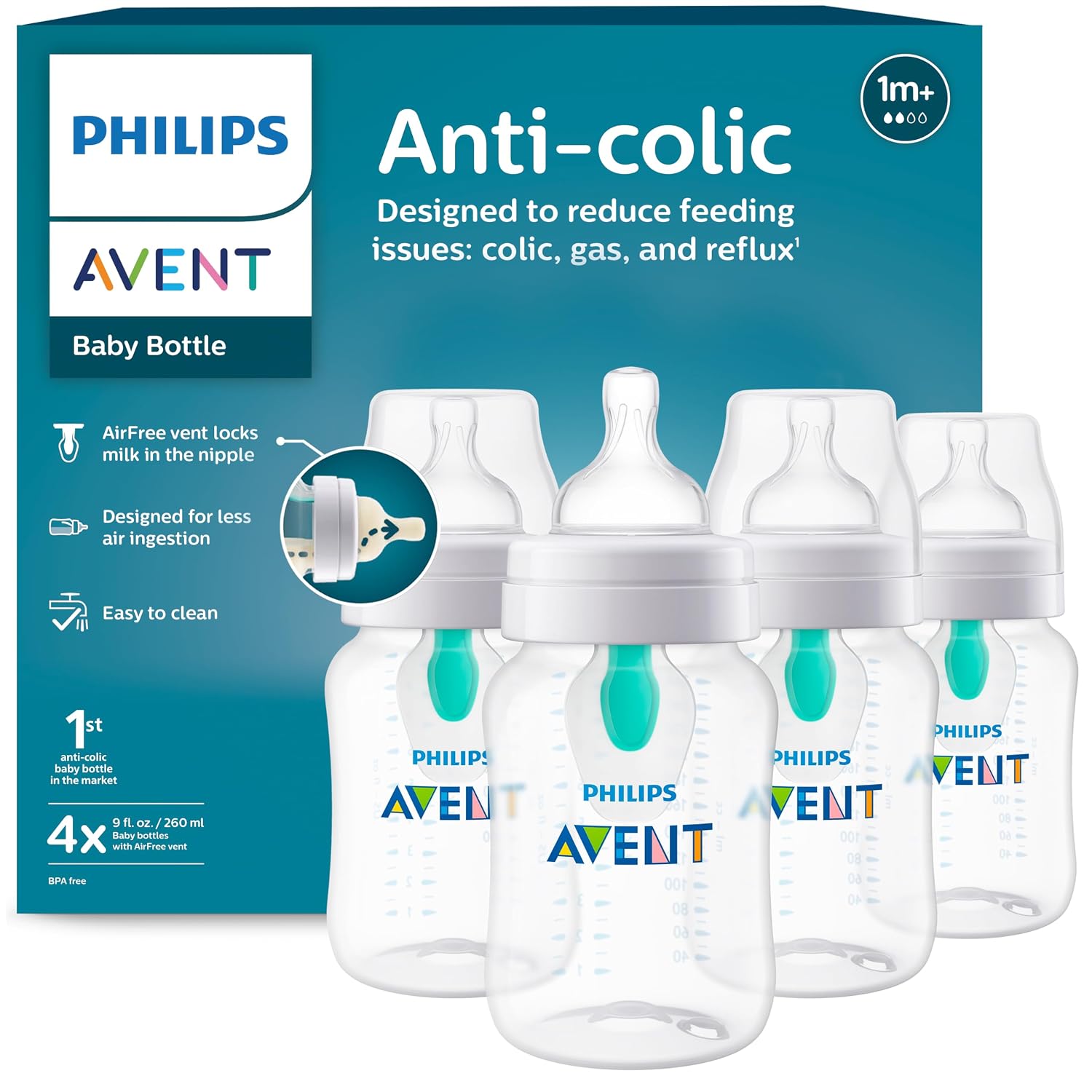 Philips Avent Anti-Colic Baby Bottle with AirFree Vent, Medium Flow 2 Nipple, 1m+, 9oz, 4 Pack, Clear, SCY703/04