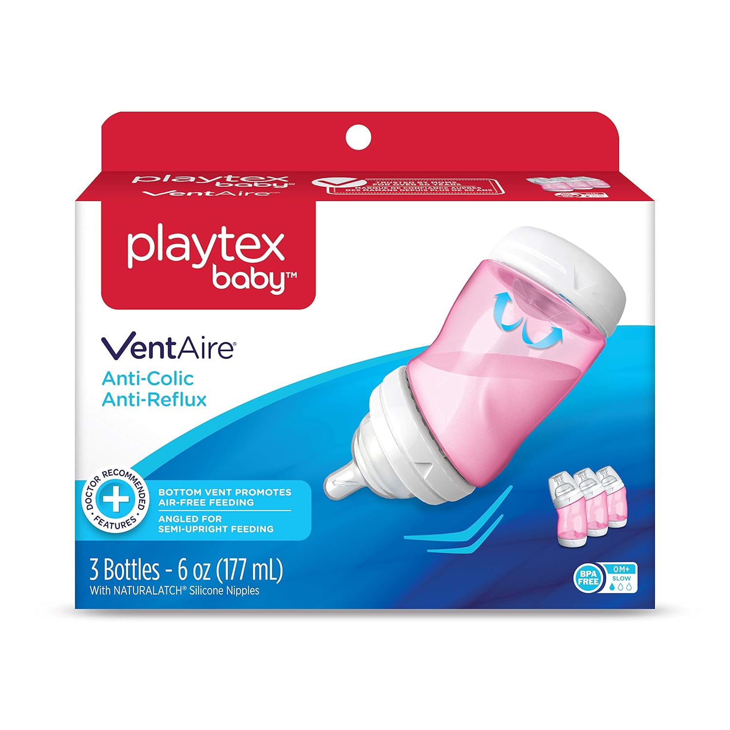 Playtex Baby Ventaire Anti Colic Baby Bottle, BPA Free, Pink, 6 Ounce – 3 Pack
