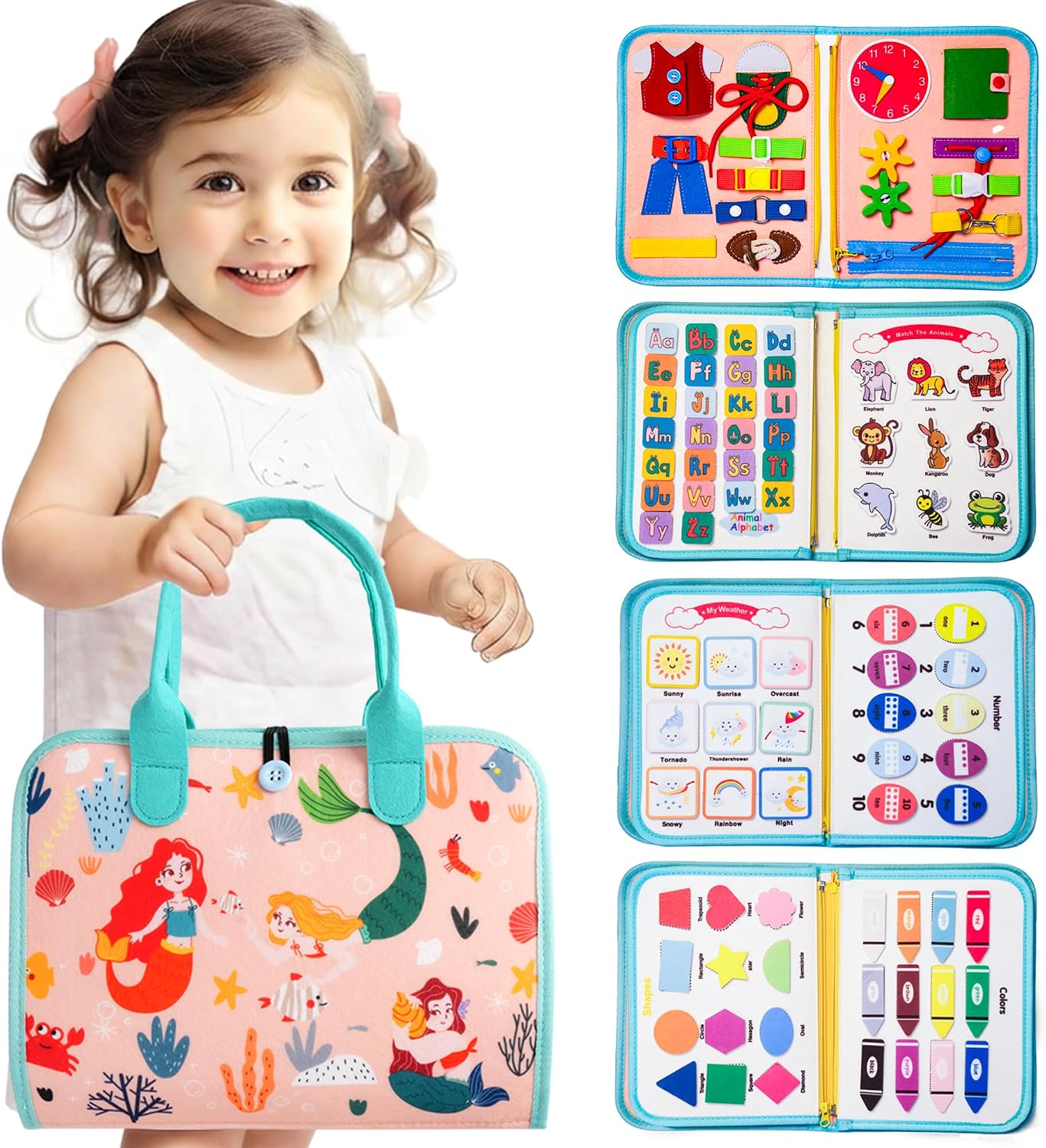 Teefrye Toddler Busy Board Montessori Toys for Toddlers 1-3 Year Old Educational Activity Book Board Sensory Travel Toys Ages 2-4 Preschool Learning Fine Motor Skills Toy Quiet Book Gift for Kids