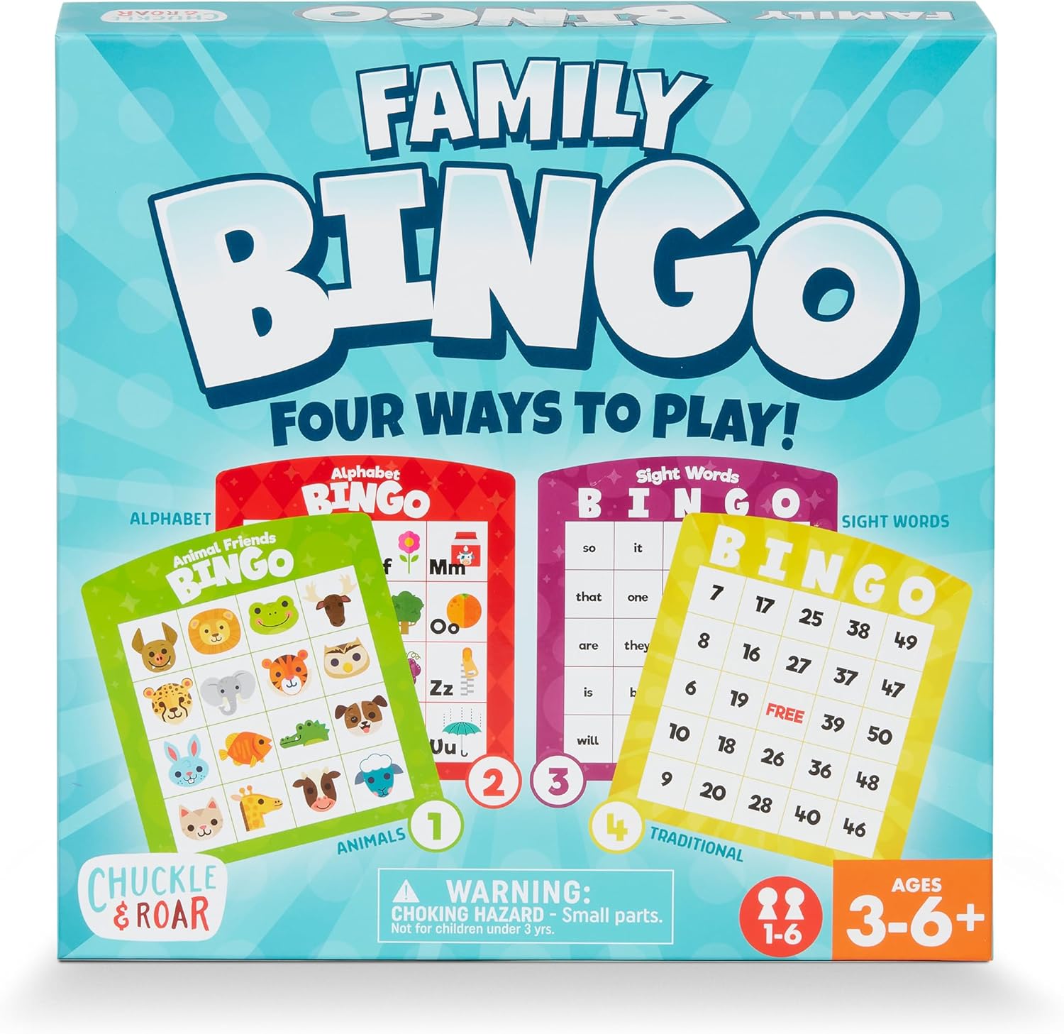 Chuckle & Roar Family Bingo – Educational Bingo Game for Kids Ages 3–6+ | Four Games in One: Animals, Alphabet, Sight Words & Numbers | 1–6 Players