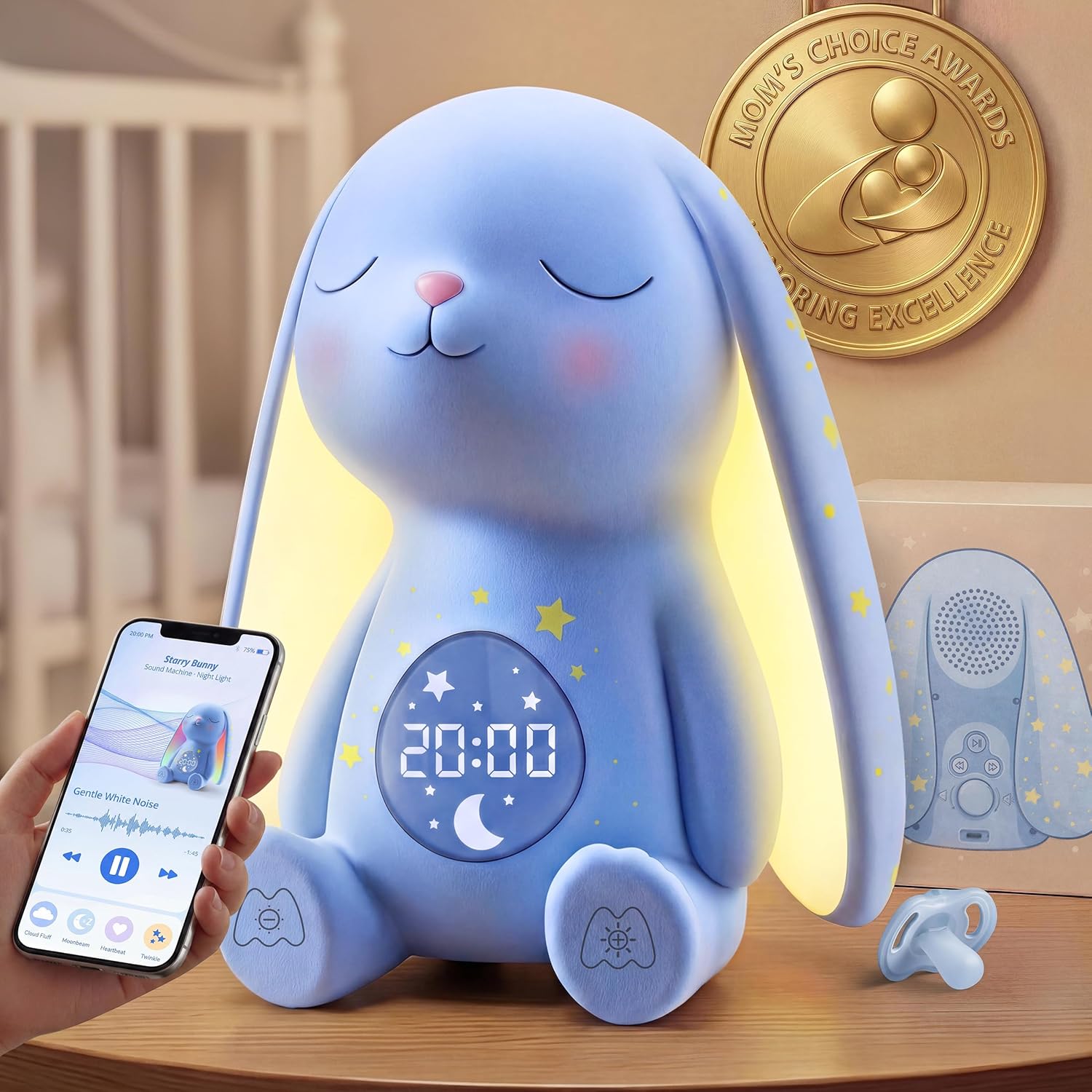 Mom’s Choice Awards丨Bunny White Noise Sound Machine Baby for Sleep- AI Cry Detection, 100 Soothing Sounds, Full APP Access Included, Newborn Baby Boy Gifts, Night Light & Sleep Trainer, New Mom Gift
