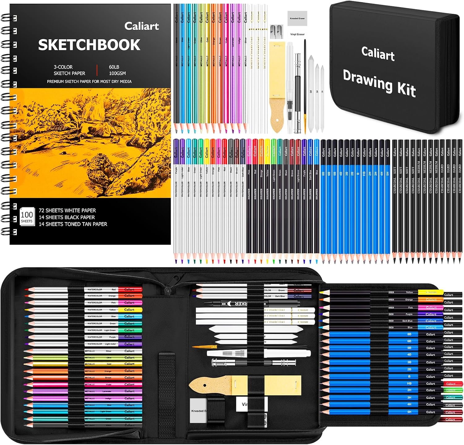Caliart 176PCS Art Supplies Sketching Kit with 100 Sheets 3-Color Sketch Book, Graphite Colored Charcoal Watercolor & Metallic Pencils, Drawing Set Gifts for Adults Teens Girls Boys Kids
