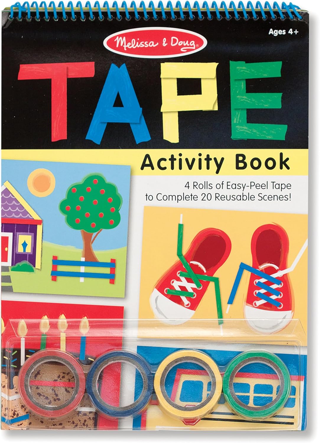 Melissa & Doug Tape Activity Book for Kids with 4 Easy-Tear Tape Rolls (Blue, Green, Red, Yellow) & 20 Reusable Scenes on Spiral-Bound Sheets, Road Trip Activities & Travel Toys for Kids Ages 4+