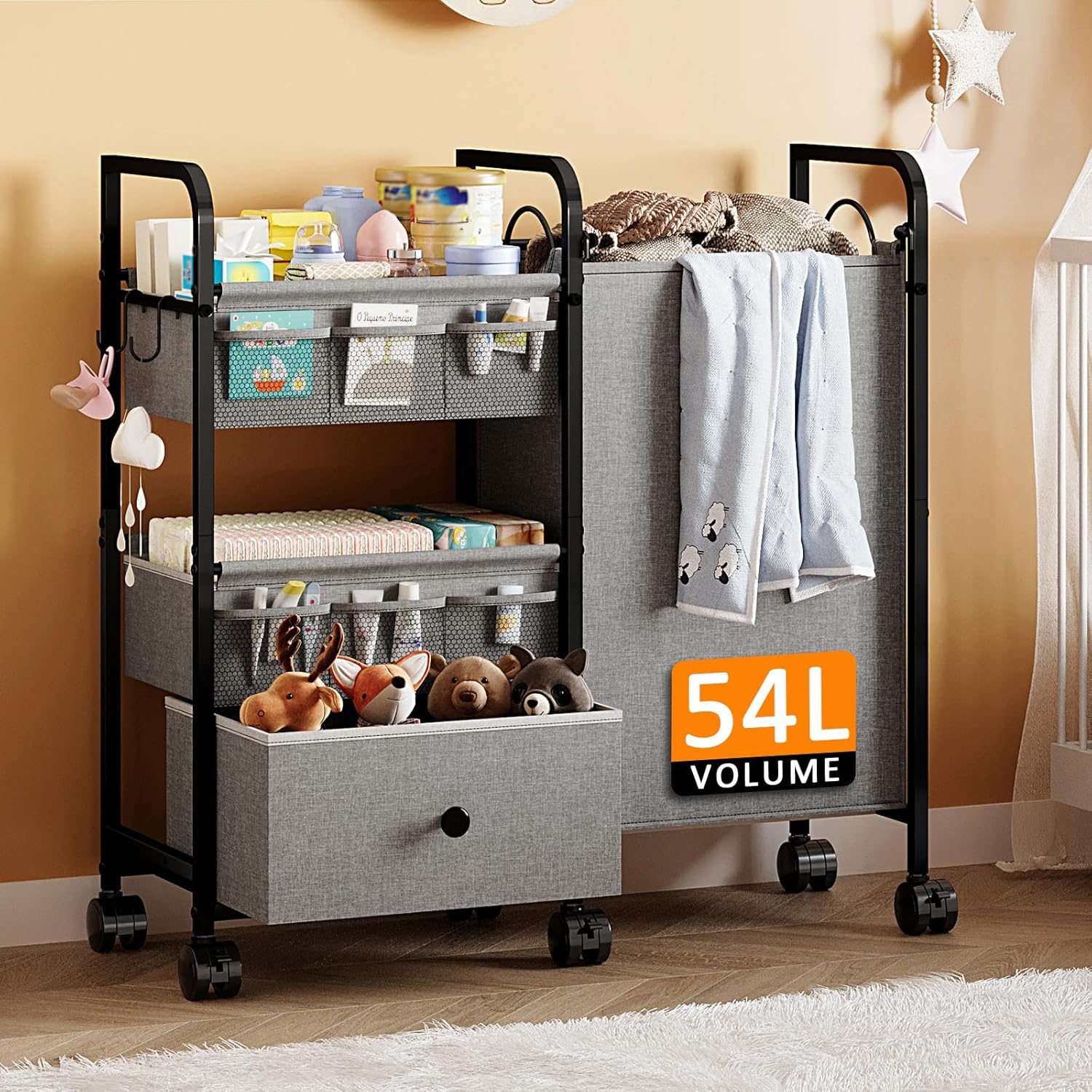 Cidaziya 2In1 Baby Diaper Caddy Organizer with Laundry Hamper, 3 Tier Rolling Cart with Dividers and Drawers, Upgrade Diaper Cart Utility Cart Clothes Organizer for Baby Essentials, New Mom, Nursery