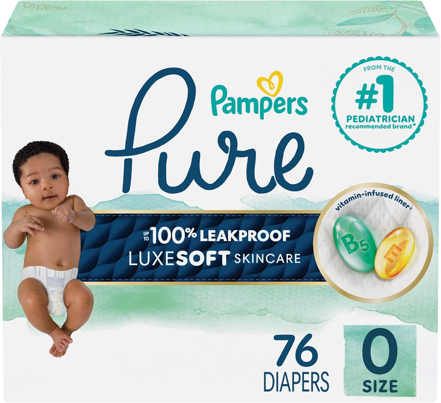 Pampers Pure Baby Diapers, Size 0 (>10 lbs), 76, Up to 100% Leakproof, Premium Hypoallergenic Soft Diapers