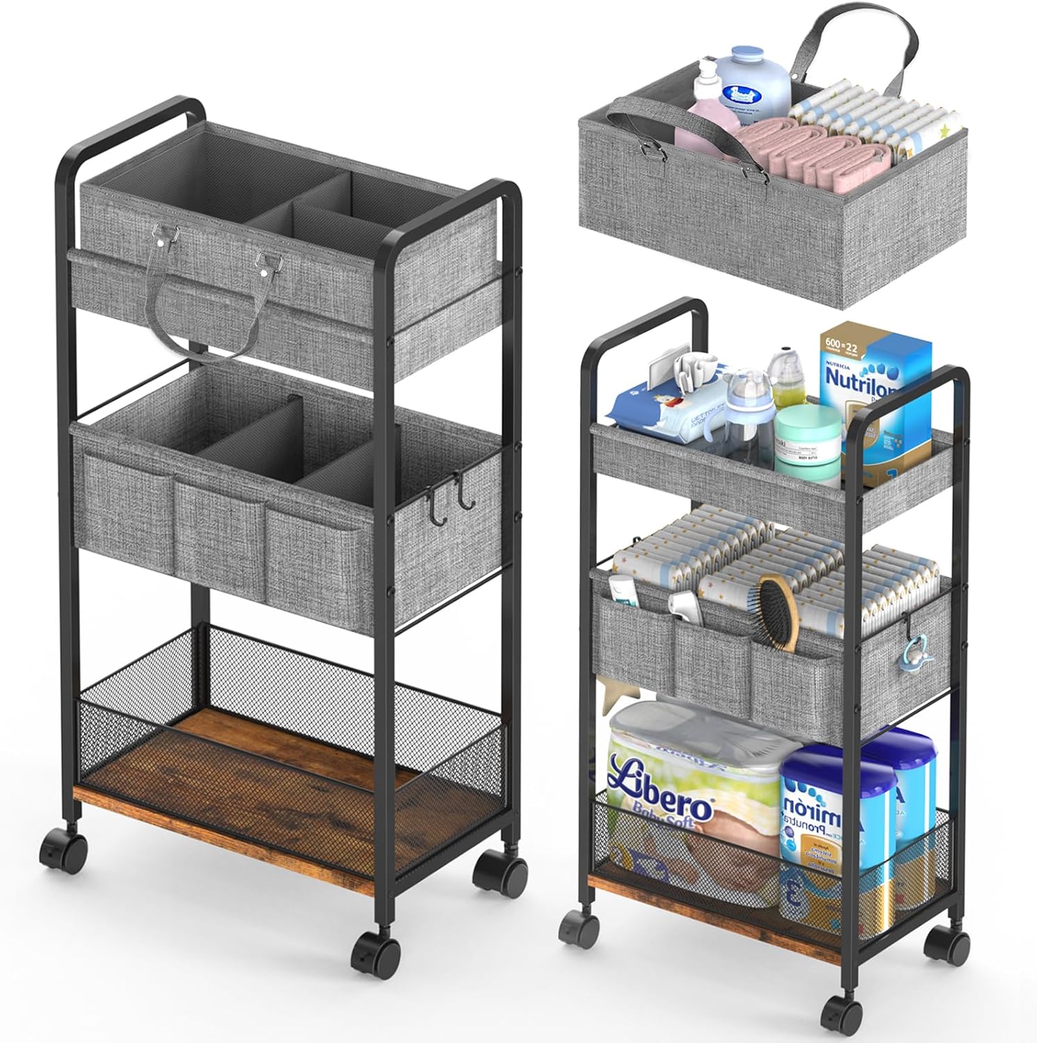 LIDTOP 2In1 Baby Diaper Caddy & 3-Tier Rolling Diaper Cart, Diaper Caddy Organizer Cart with Dividers, Mobile Metal Utility Cart for Nursery Essentials, Detachable Bedside Cart, Large Capacity