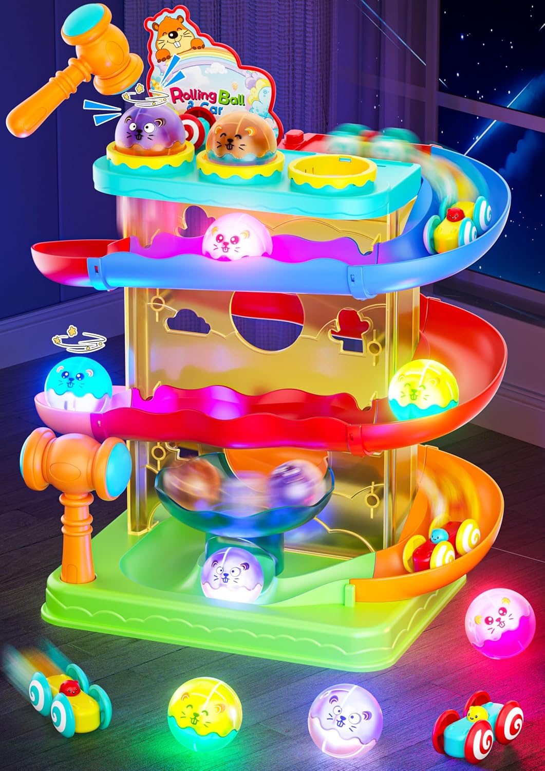 2-in-1 Rolling Ball & Car Ramp Race Track for Toddlers, Hammer Ball Drop Toy for Boys & Girls, Interactive Playset w/Sensor Lights – Montessori STEM Learning Toys for Kids 1-5+ Year Old