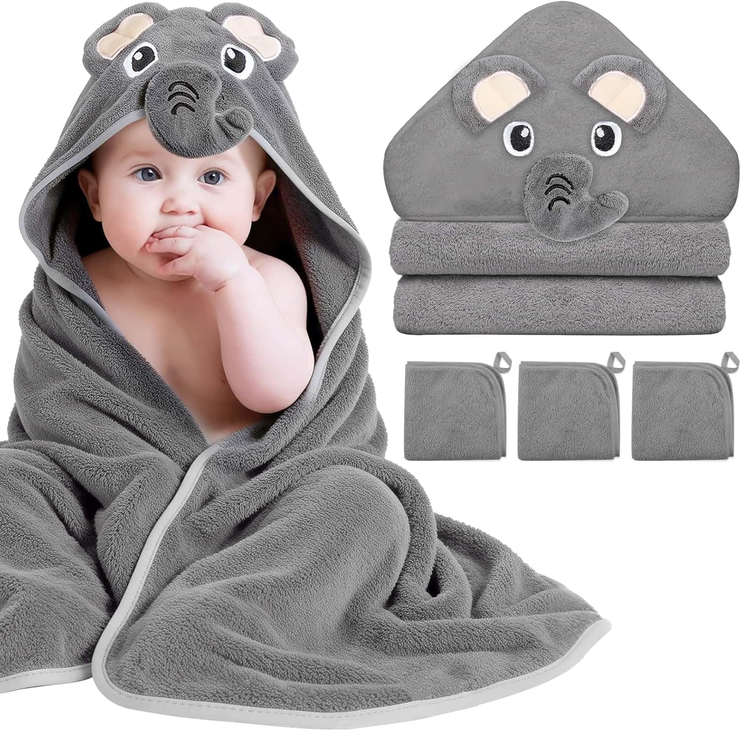 Flasoo 4 Pcs Baby Towels and Washcloths Set, 1 Pcs Animal Hooded Baby Towels & 3 Pcs Baby Washcloths for Newborns, Toddlers, and Kids, Soft Absorbent Hooded Bath Towel for Boys & Girls (Gray Elephant)