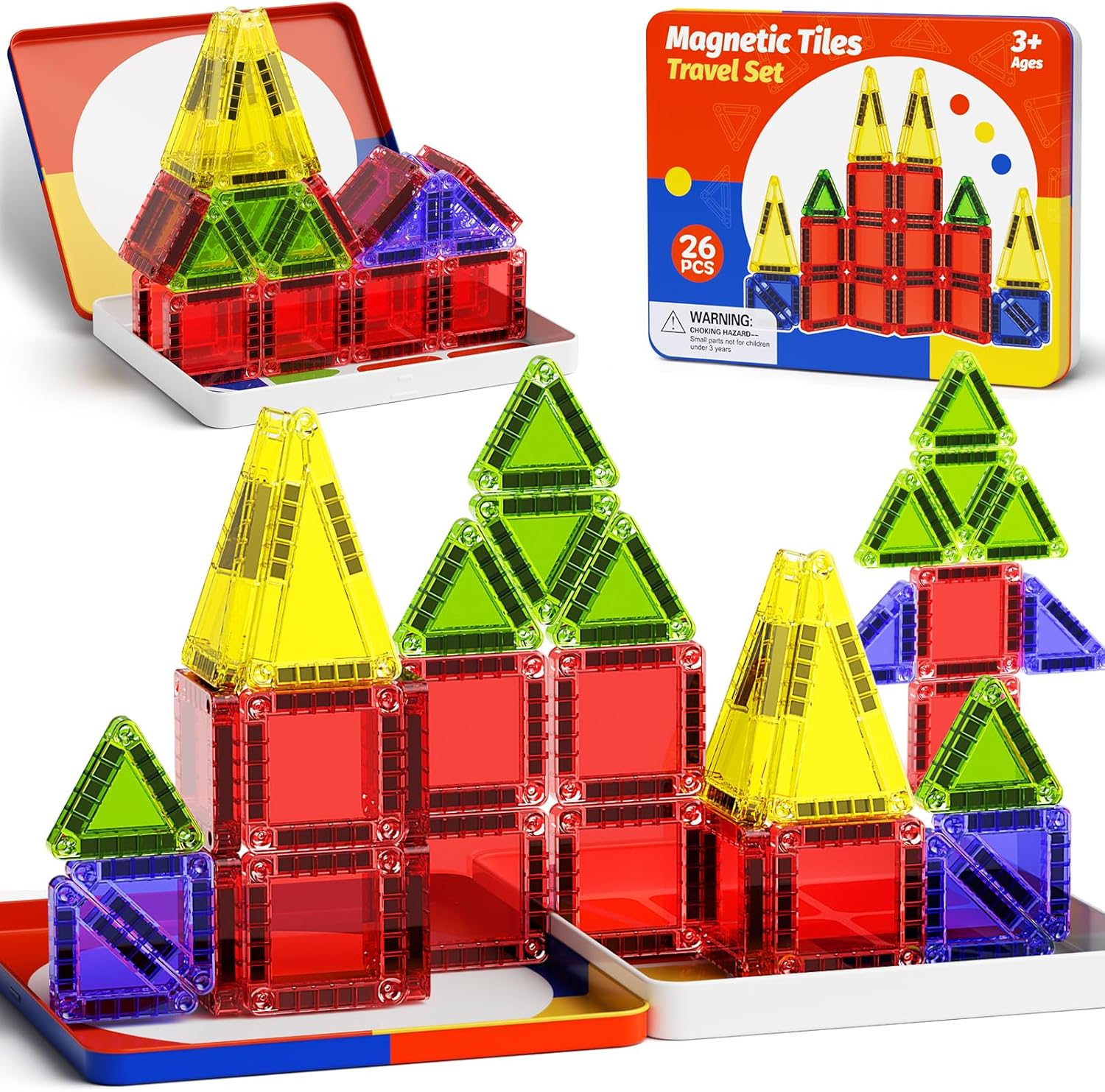 Magnetic Tiles Travel Toys with Storage Case, Portable STEM Building Blocks for 3-8 Year Olds, Toddler Airplane Activities & On-The-Go Birthday Gift for Boys & Girls