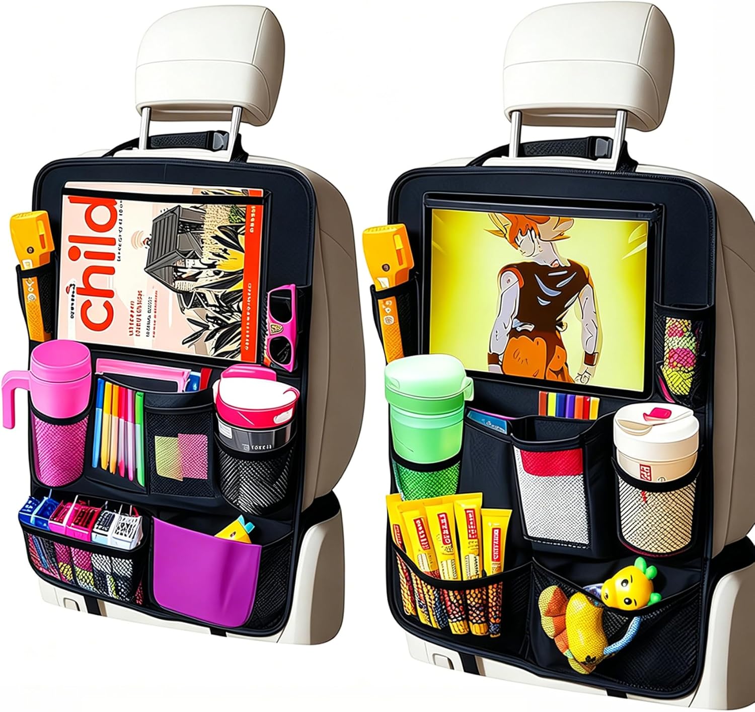 Car Organizer Kick Mats Back Seat Protector, Car Back Seat Organizer with Tablet Holder Pocket for Kids, Travel Accessories with 10 Storage Pockets, 2 Pack