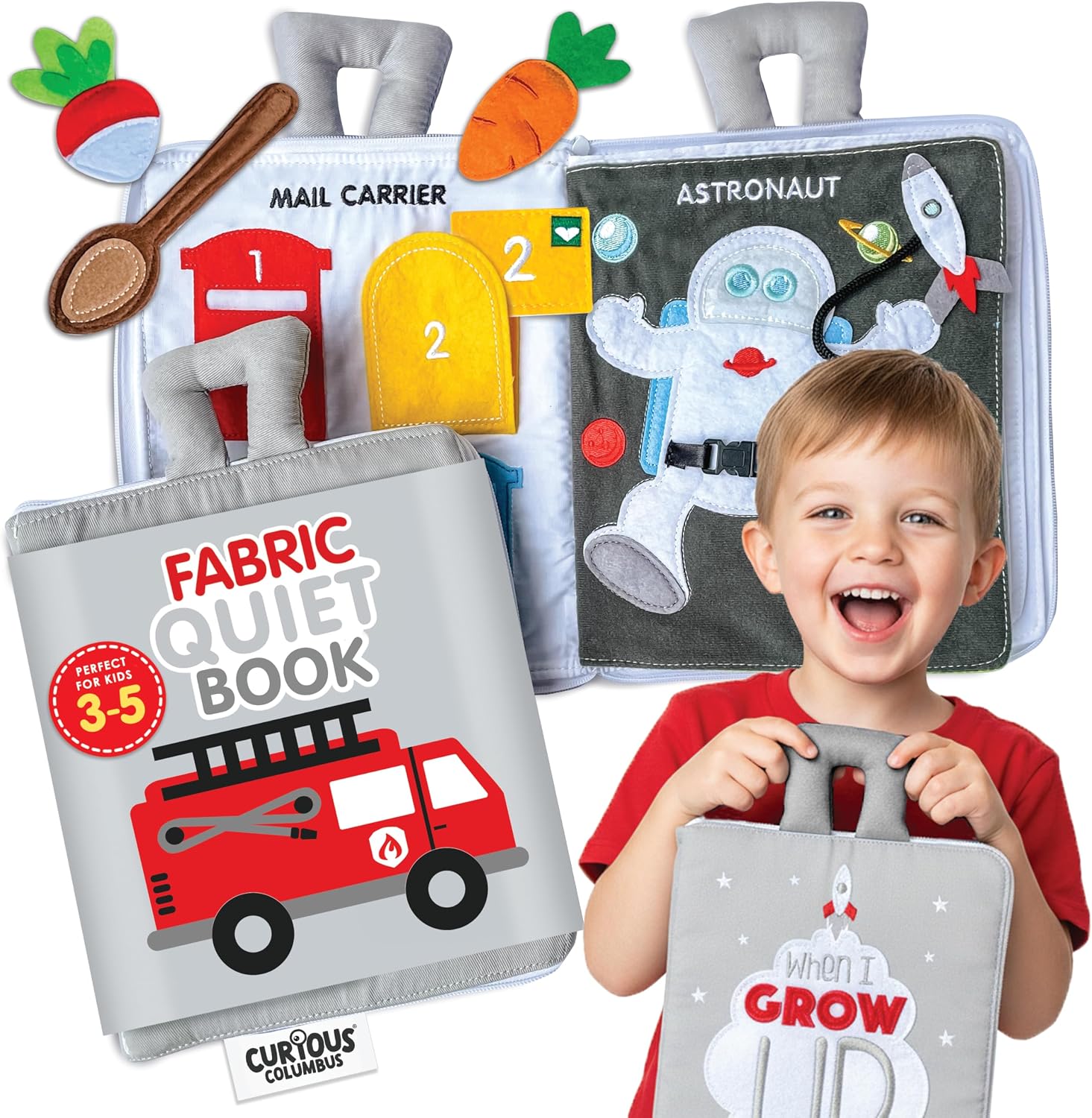 Curious Columbus Quiet Book Fabric Busy Book – Airplane Travel Toys for Kids – Montessori Toy Preschool Activity Books – Fun and Educational Fabric Book