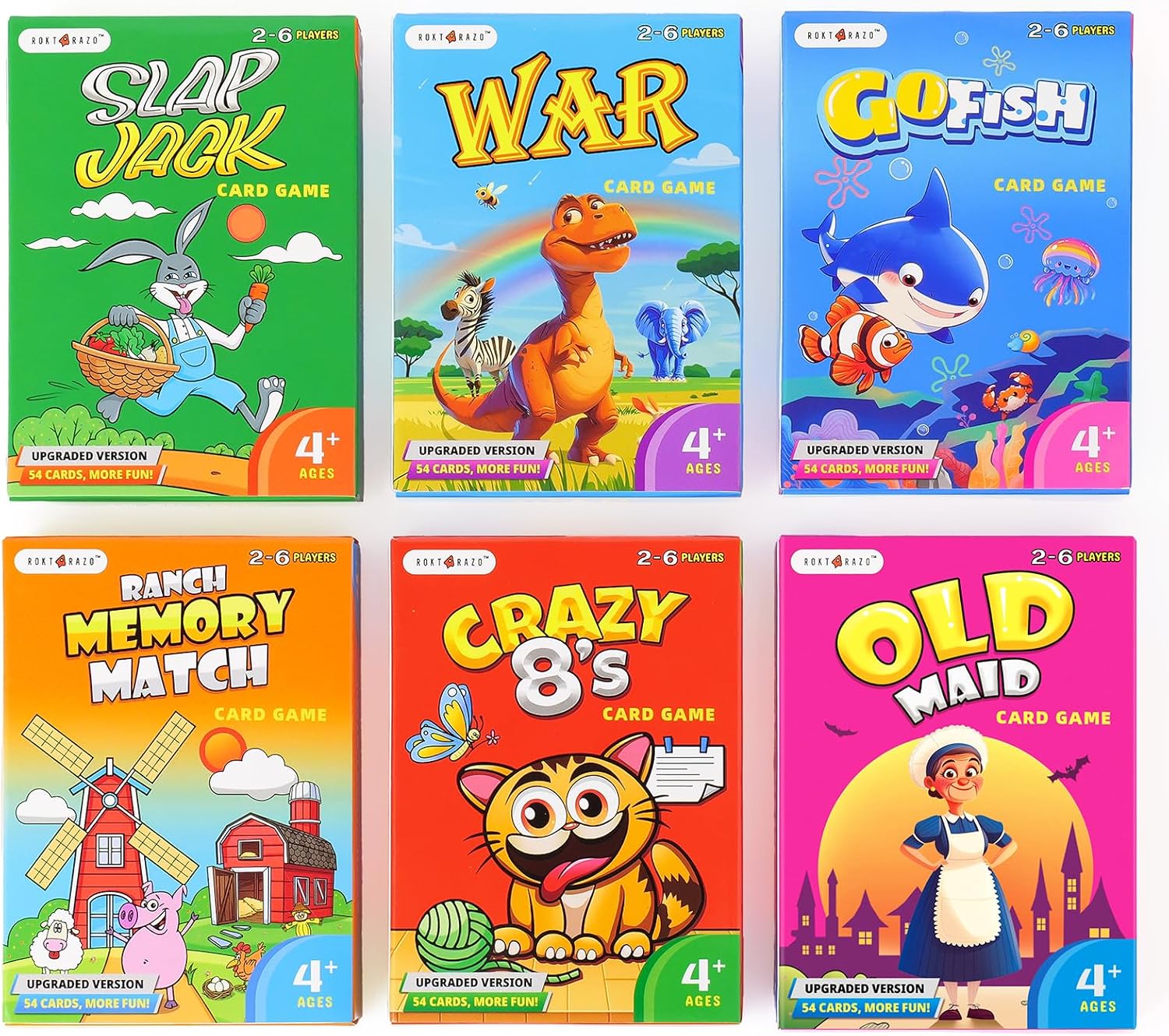 Upgraded Kids Card Games Pack, 6 Decks, Go Fish, Old Maid, Crazy Eights, Memory Match, Slap Jack, War, Playing Cards, Easter Basket Stuffers, Stocking Stuffers