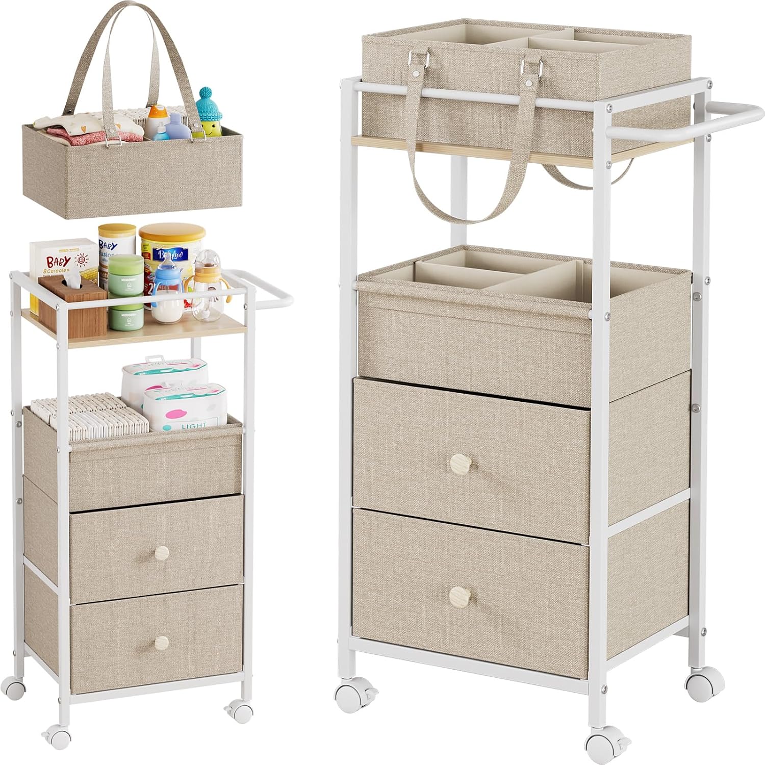 Modanais Baby Diaper Caddy Organizer Cart with Drawers – 3In1 Rolling Storage Cart with Wheels, Removable Diaper Caddy, Detachable Dividers – for Crib, Bedroom, Art & Craft Organizer (Off White)