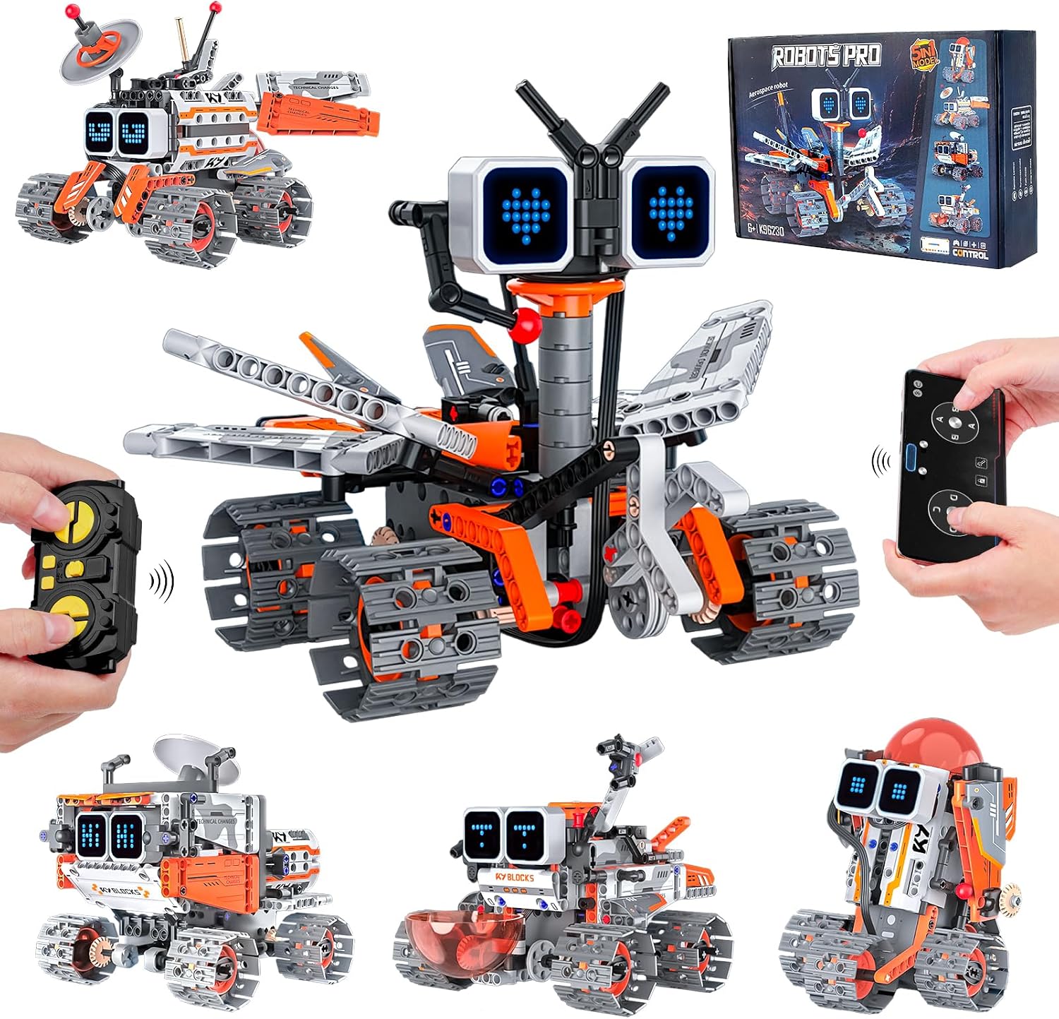 5-in-1 STEM RC Robot Building Kit for Kids 8-12, App & Remote Control, Rechargeable Coding Toy with LED Lights