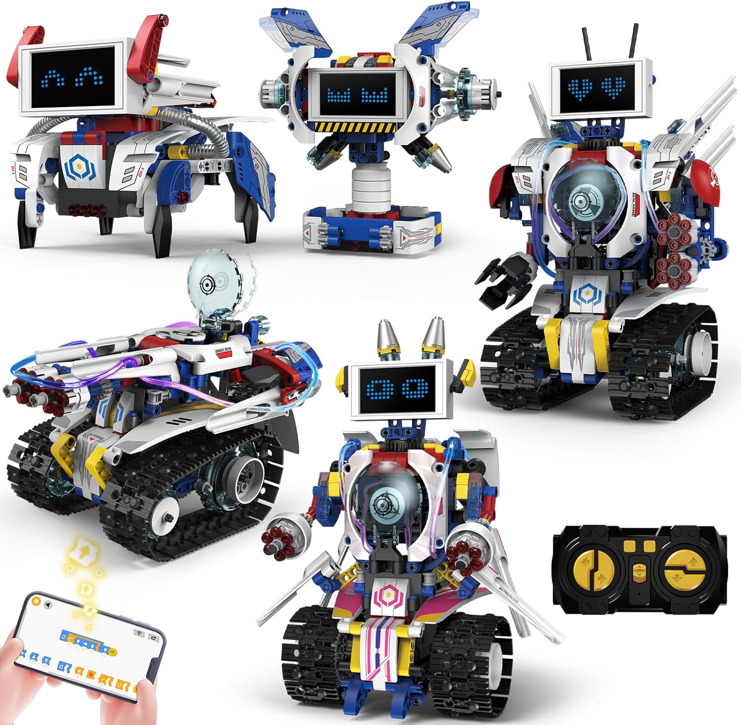 HPROMOT 5-in-1 STEM Robot Building Kit for Kids Ages 6-16, Remote & App Controlled, Rechargeable Engineering Learning DIY Coding Toy, Educational Building Blocks Gift for Girls & Boys (603 PCS)