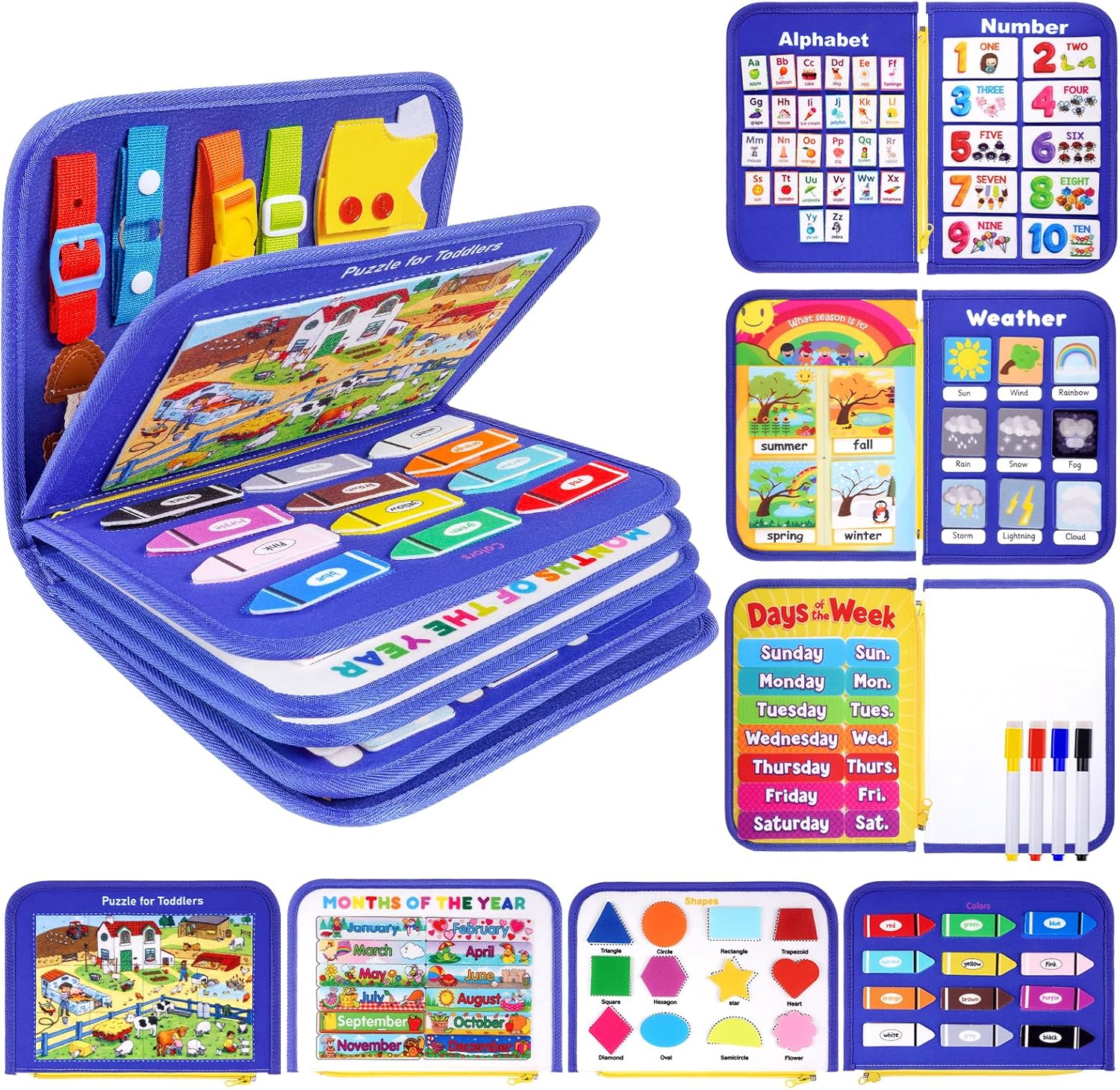 Toddler Busy Board, Montessori Busy Book for Toddlers, 12-Page Quiet Educational Activity Book for Motor Skills, Learning Sensory Travel Toys for Car Airplane, Birthday Gifts for Boy Girl Kids (Blue)