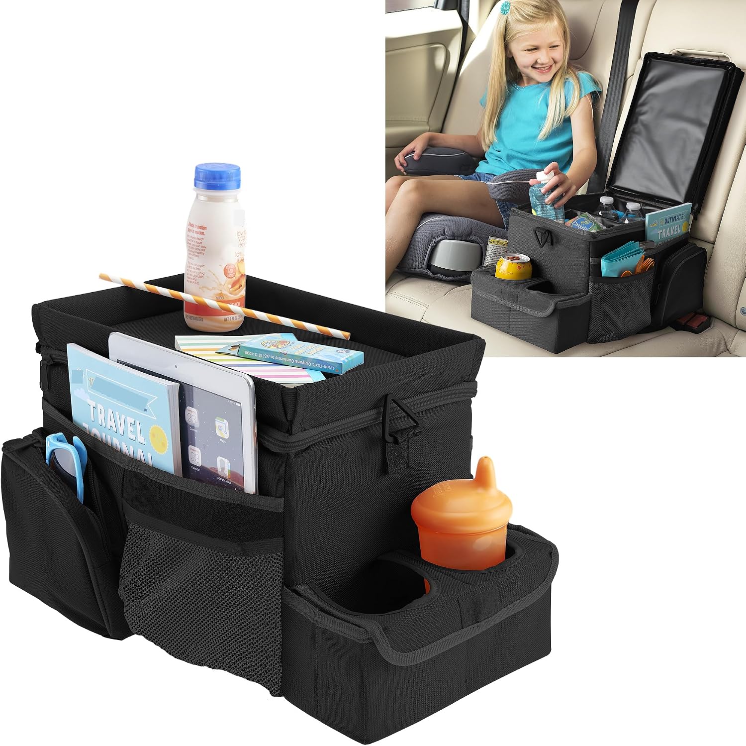 High Road CarHop Car Caddy Organizer with Road Trip Cooler, Car Cup Holder Bin, Sturdy Snack and Play Lid and 6 Organization and Storage Pockets, Black