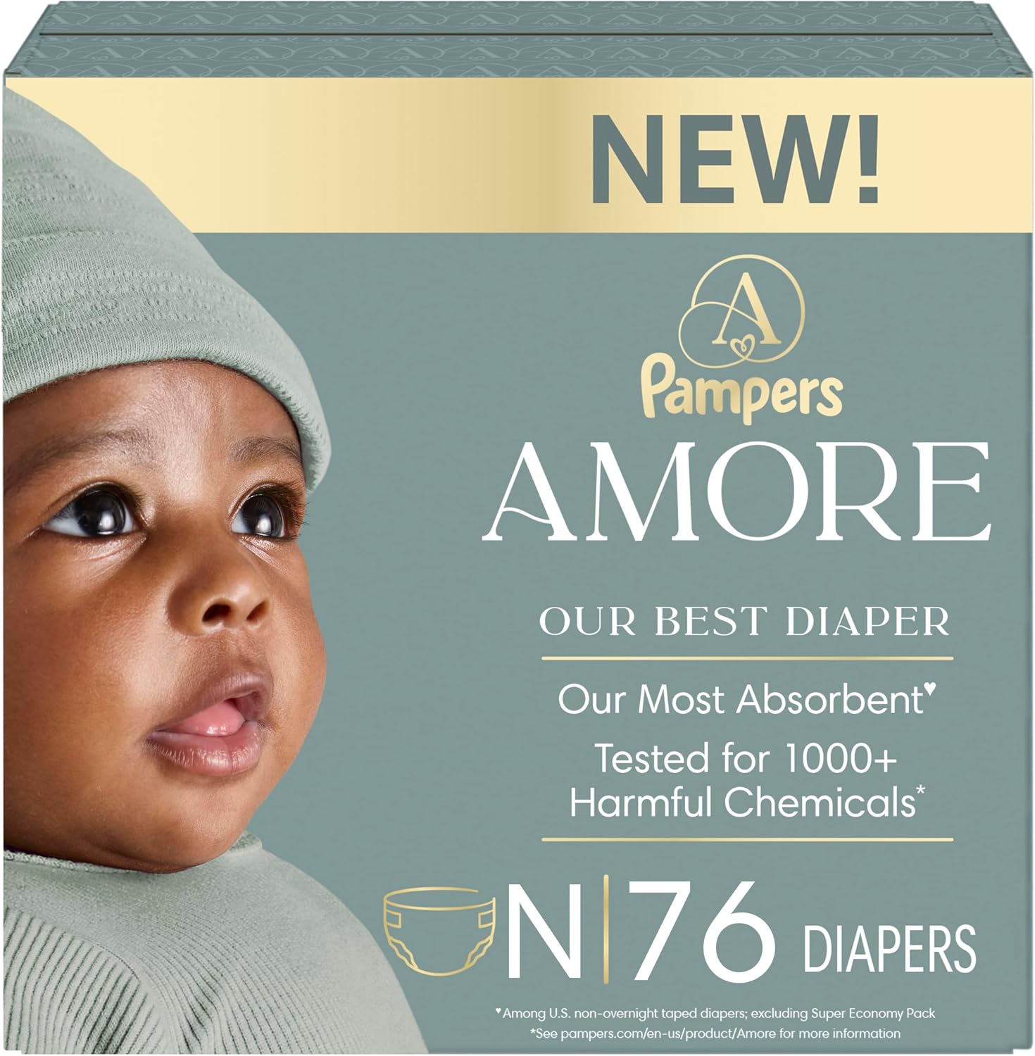 Pampers Amore, Size 0 (up to 10 lbs), 76 Count, Our Best Diaper – Hypoallergenic & Fragrance Free, Up to 100% Leakproof, Soft as Cashmere