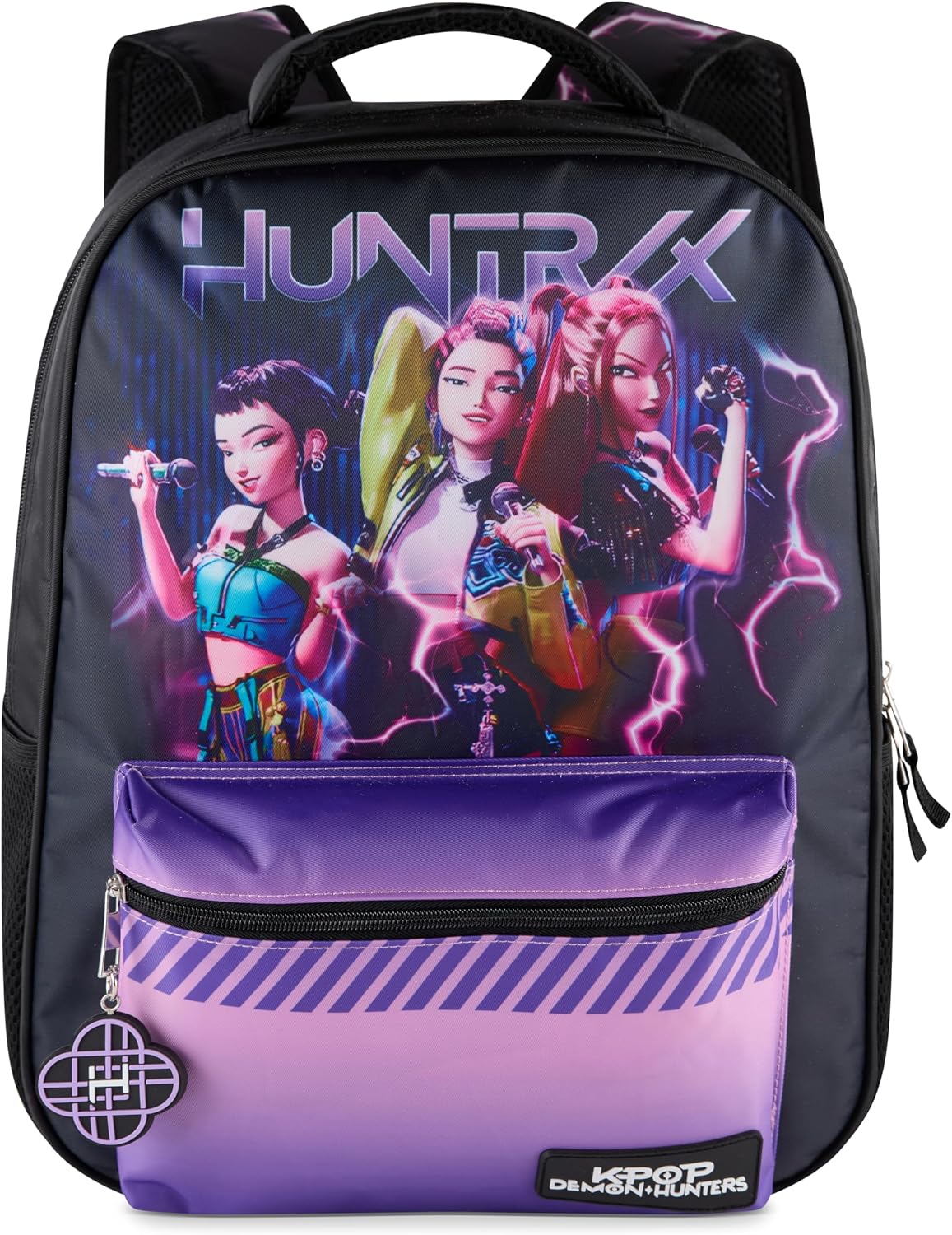 AI ACCESSORY INNOVATIONS K-Pop Demon Hunters Huntrix 16” Backpack for Girls, Featuring Rumi, Zoey, Mira, Rubber Molded Bag Charm, Huntrix