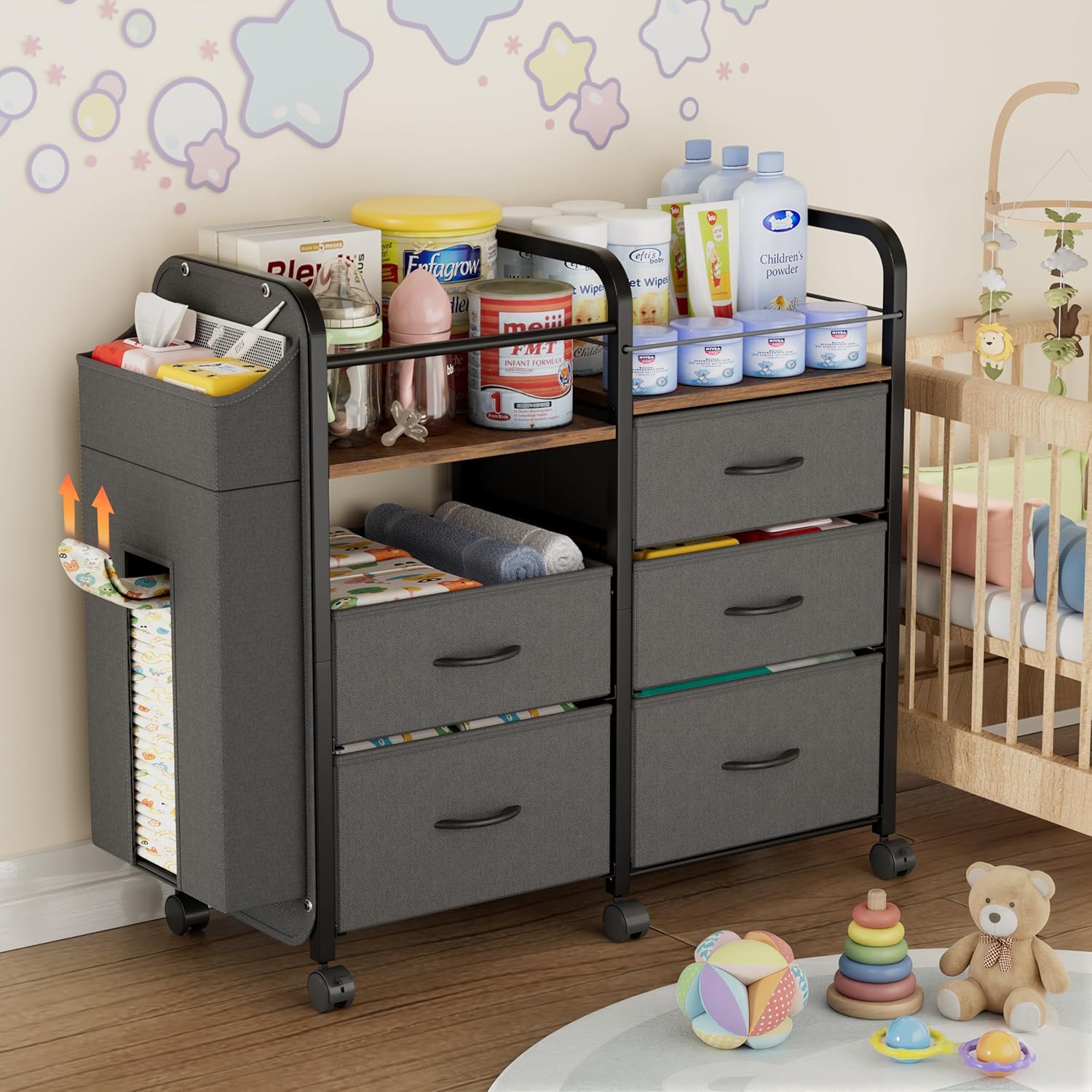 Baby Diaper Caddy Organizer Cart – Bedside Cart with Drawers & Side Storage, Nursery Essentials Stuff & Clothes Organization, 3 Tier Rolling Carts with Wheels for Nursery, Bedroom, Easy to Assemble