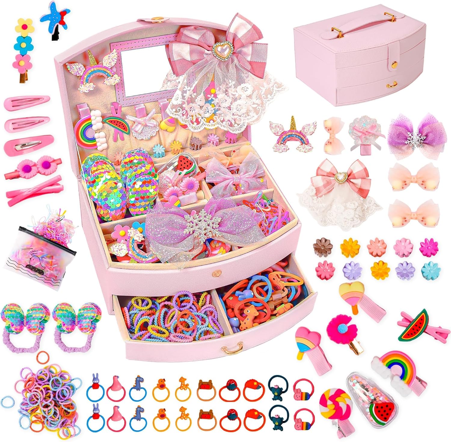 Hair Accessories Including Jewelry Box, Clips, Barrettes, Ties, Bows – Gift for Teen Girls Age 3-12