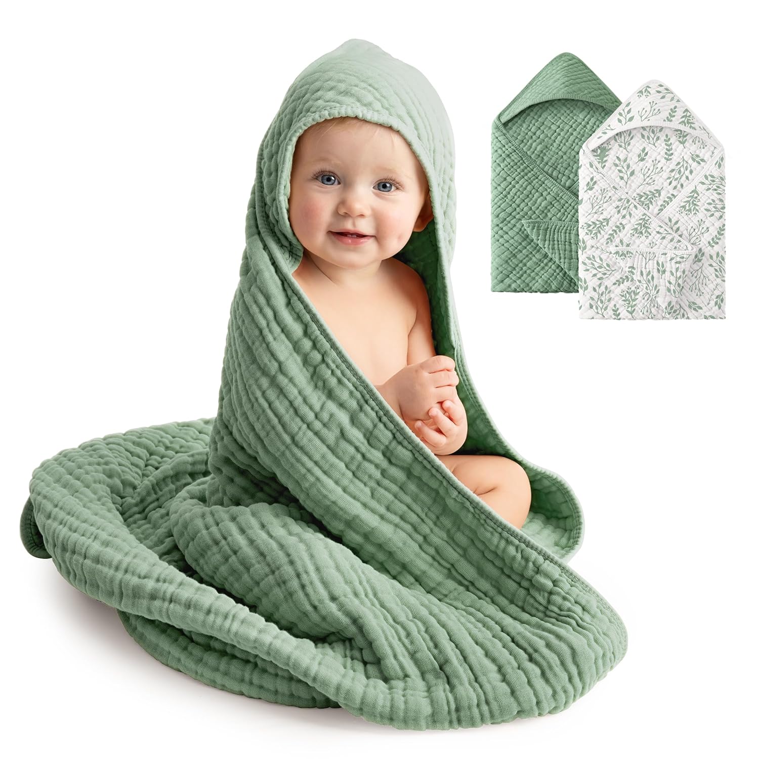 Baby Bath Towels, 100% Muslin Cotton Hooded Baby Towels for Newborn, 2 Pack Baby Towels with Hood for Infant Toddler and Kids, Large 32x32Inch Unisex Bath Essentials, Soft and Absorbent