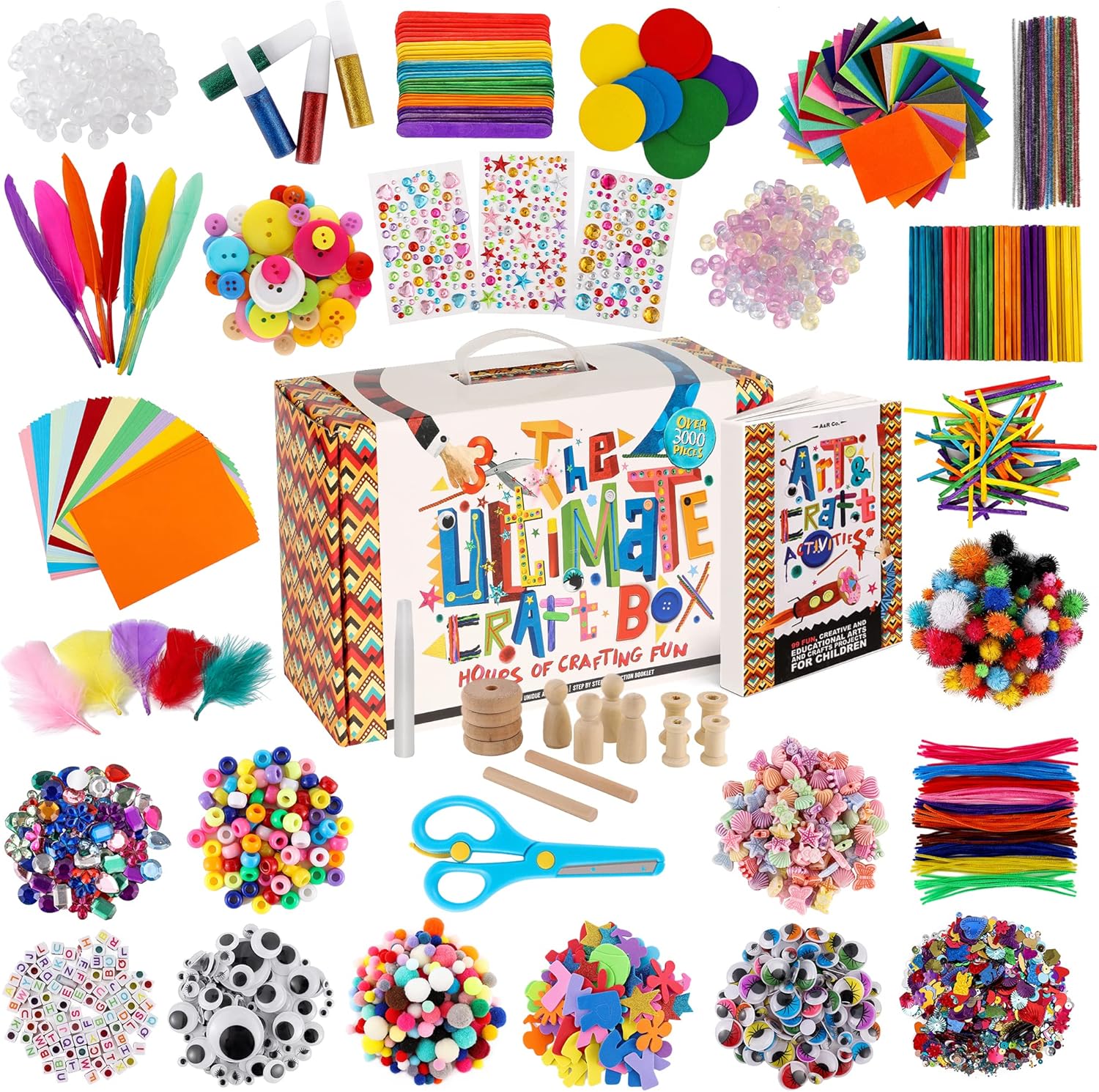 A&R CO. 3000+ Pcs Arts and Crafts Supplies & Materials for Kids – Ultimate Bulk Craft Kit for Boys & Girls with 99 Activities Book for Ages 3-5, 4-6, 6-8, 8-12