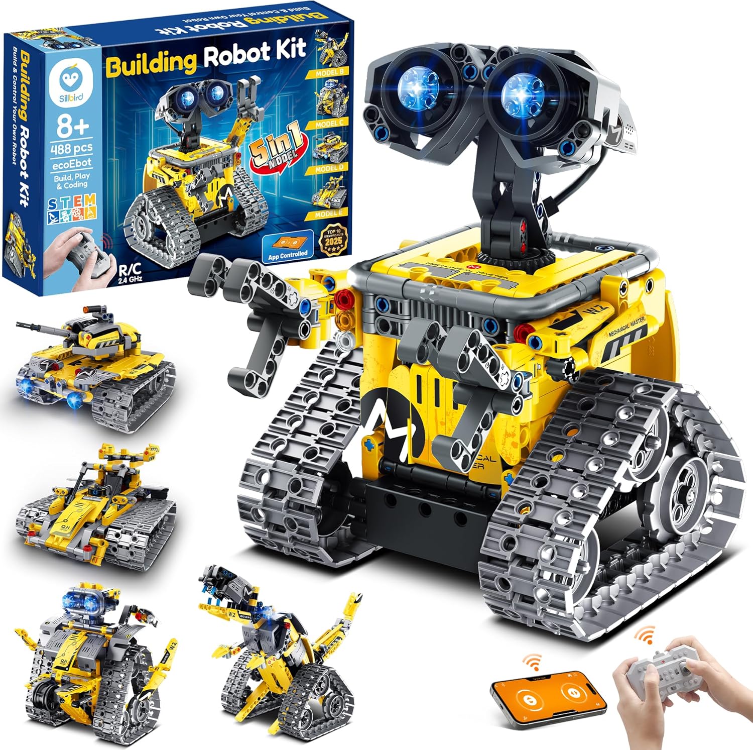Sillbird Robot Building Kit with Remote Control STEM Gifts for Boys Age 8-13, Coding Robotic Toys for Kids Birthday, Buildable 5in1 Models with 488 Pieces