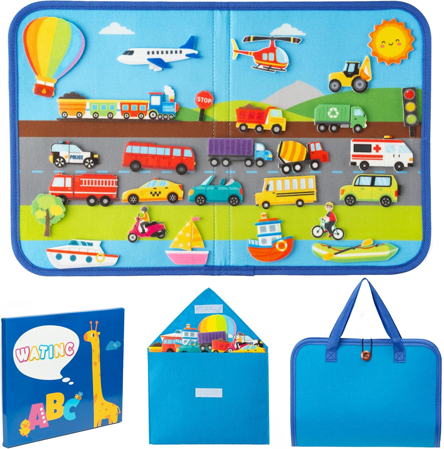 WATINC Travel Felt Board Story Set – 25PCS Portable Felt Board Educational Birthday Gift for Boys Girls, Themed Storytelling Preschool Early Learning Interactive Play Kit for Toddlers (Transportation)