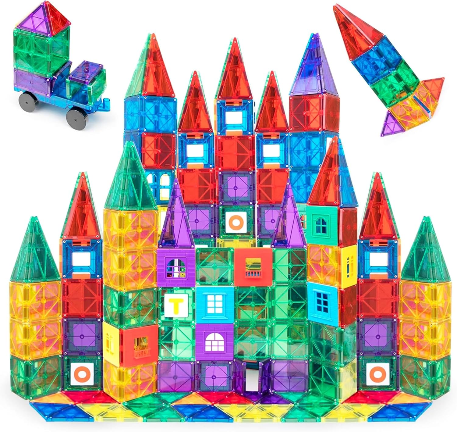 Playmags Magnetic Tiles for Kids 100-Piece Set, STEM Educational Building Blocks Toys for Kids, Includes Click-in ABC Learning Tiles, Gift for Boys & Girls, Add on Magnetic Figures, Car Set Available
